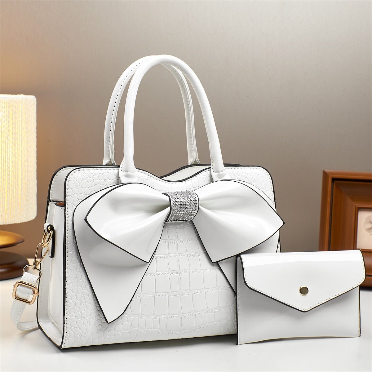 Fashionable Crocodile-Print Bow Bucket Bag Patent Leather Glossy Crossbody Bag - Overture Gifts
