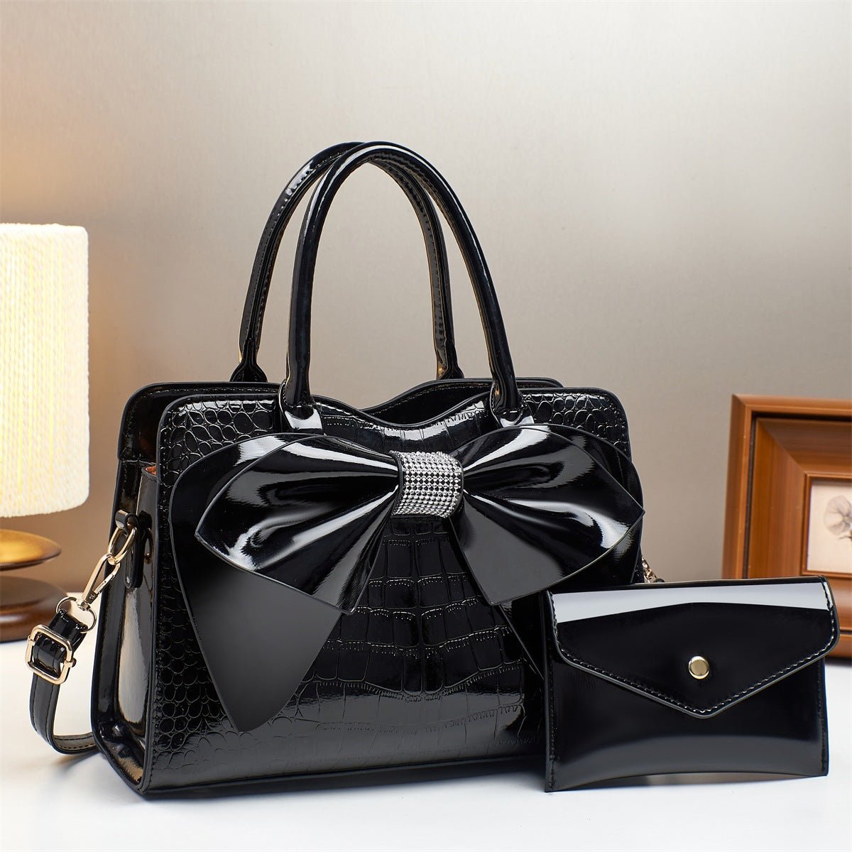 Fashionable Crocodile-Print Bow Bucket Bag Patent Leather Glossy Crossbody Bag - Overture Gifts