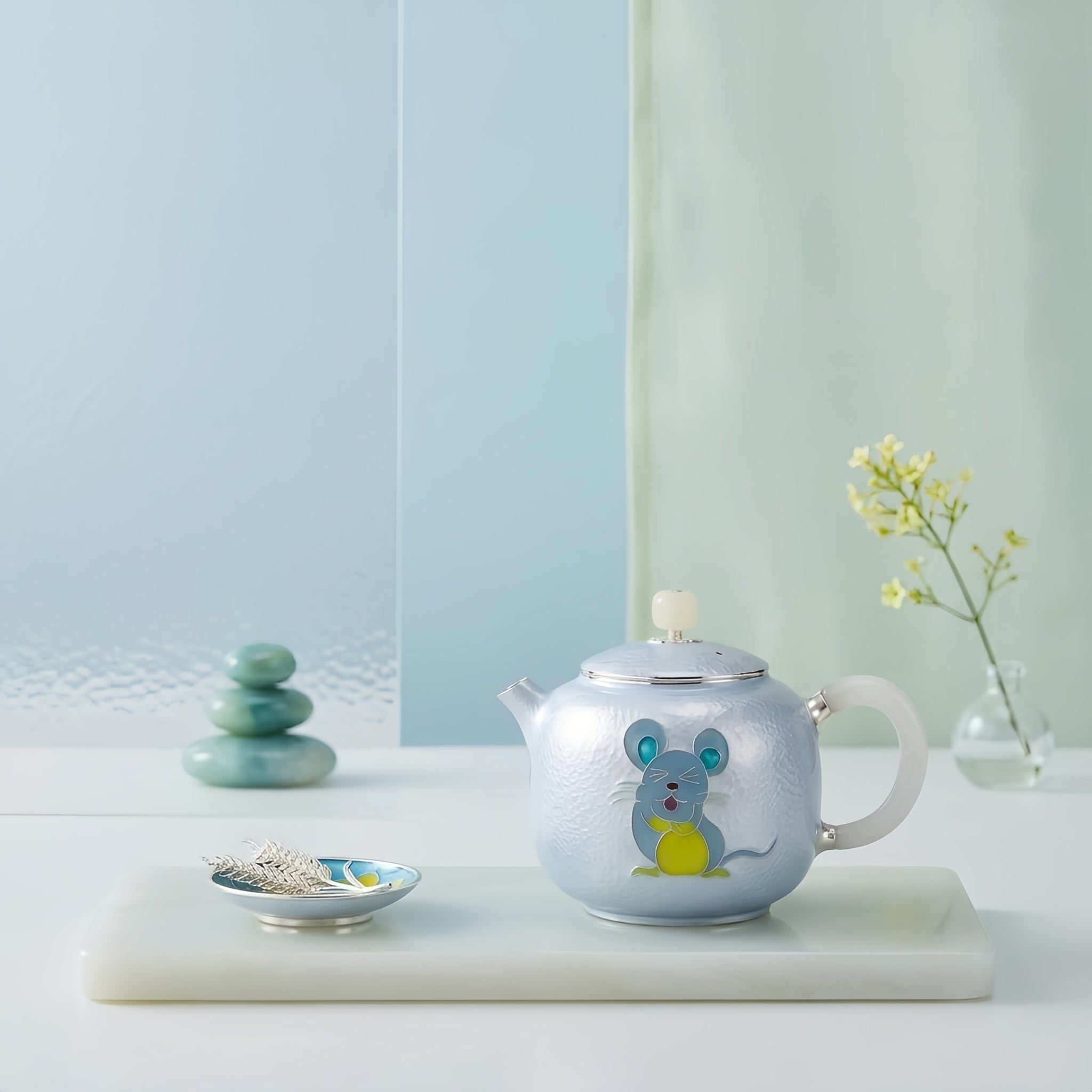 Pure 999 Fine Silver Artistic Blue Enamel Silver Teapot with Playful Mouse Motif and Jade Accents - Handicraft
