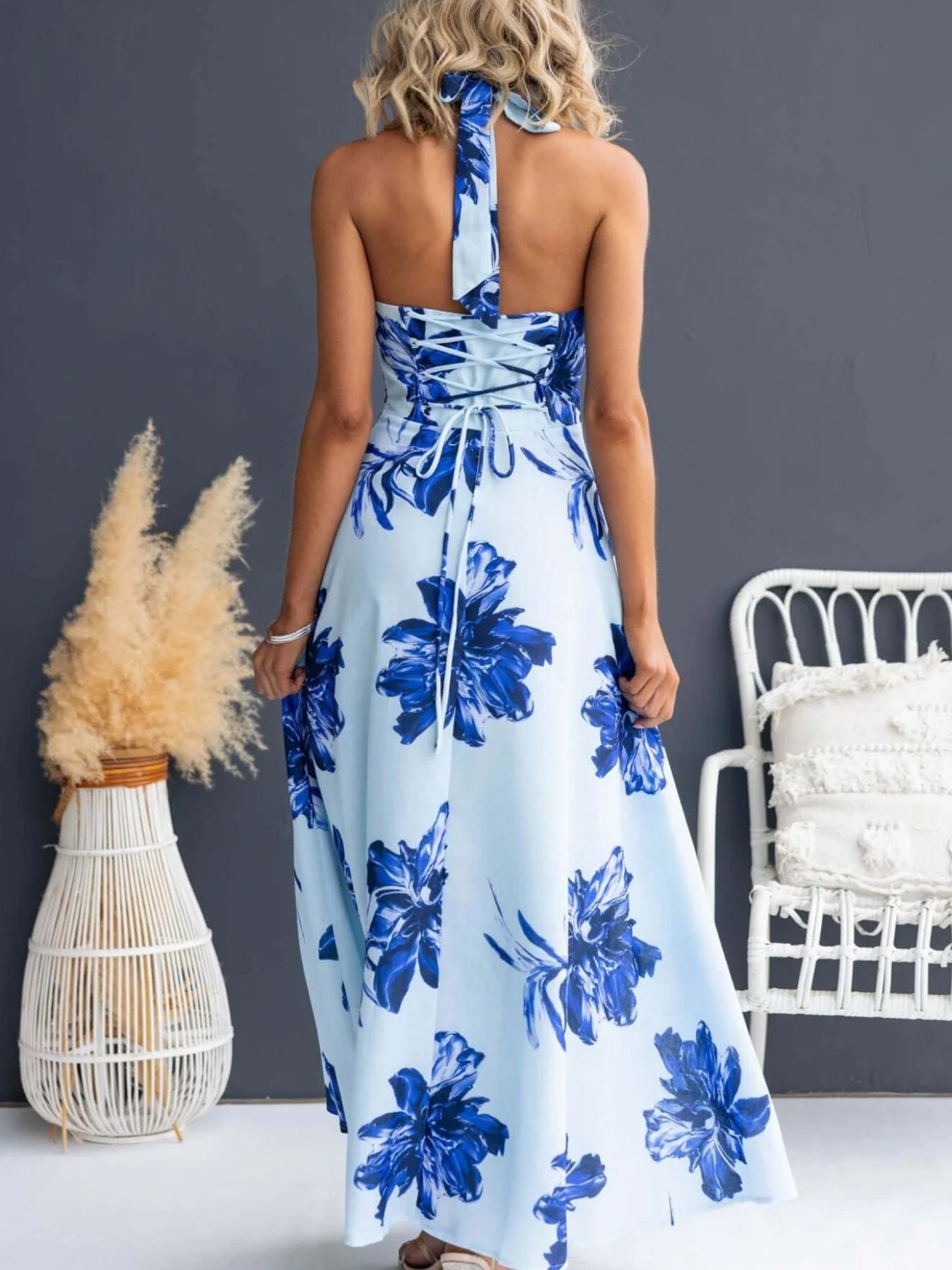 Floral Print Halter Neck Maxi Dress