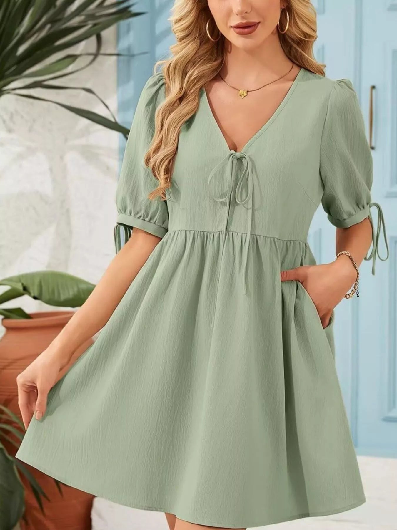 Tie-Neck Puff Sleeve A-Line Mini Dress