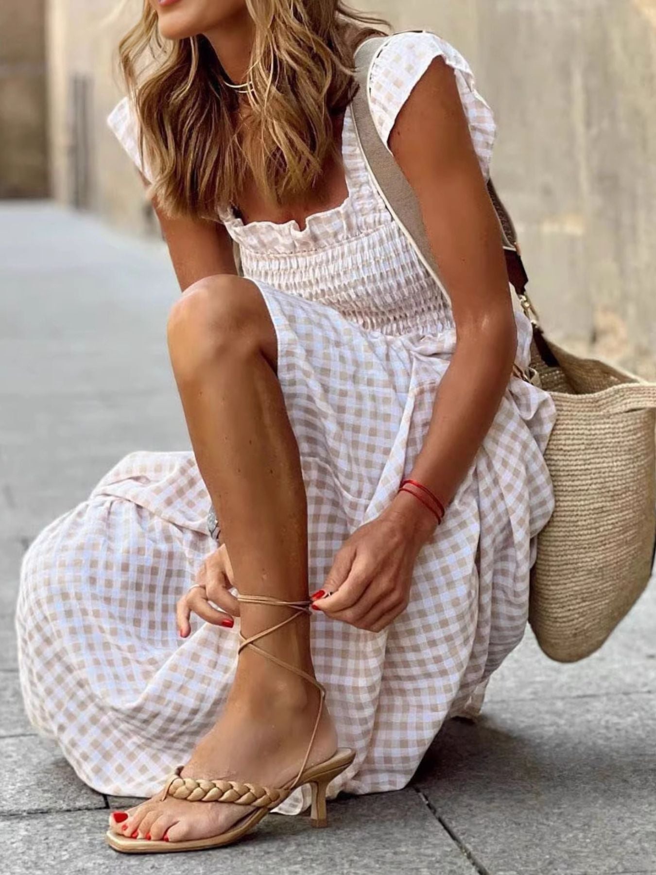 Ruffled Sleeveless Gingham Midi Dress