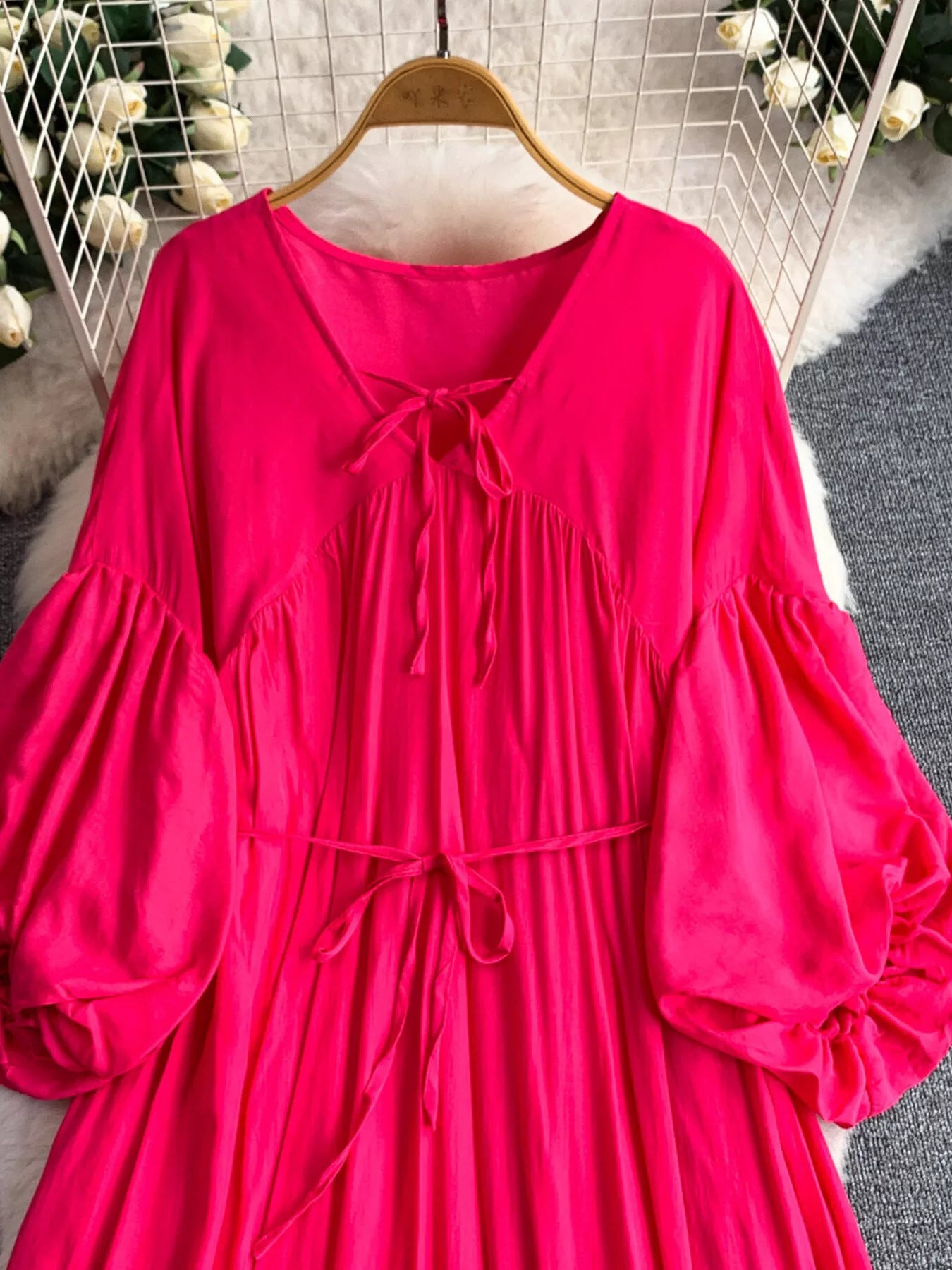 Balloon Sleeve Tie-Waist Dress