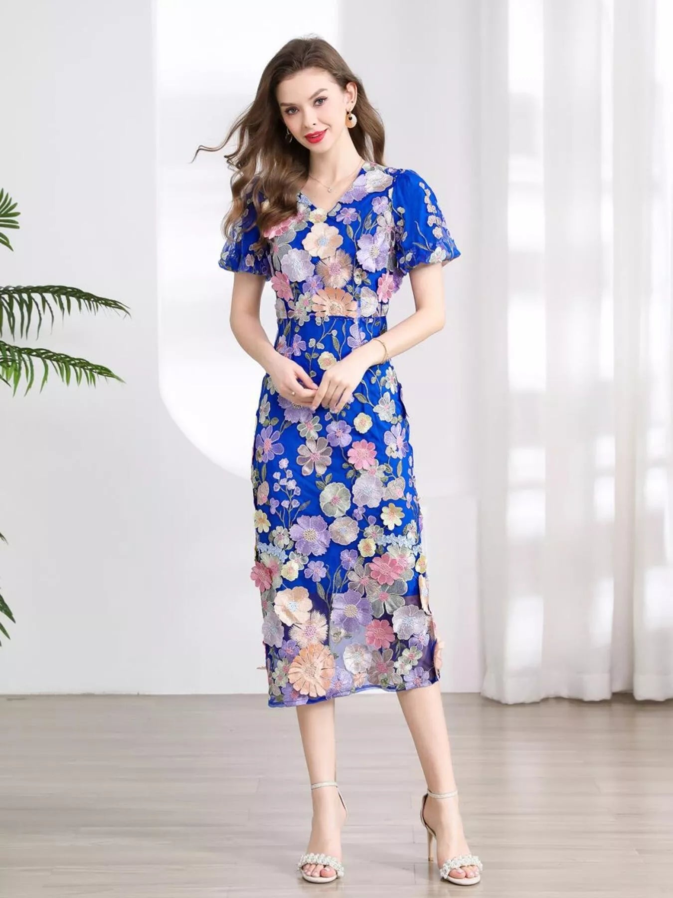 Floral Embroidered Puff Sleeve Midi Dress