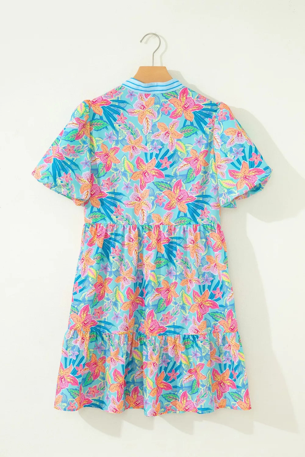 Floral Print Contrast Scallop Striped Trim V Neck Dress
