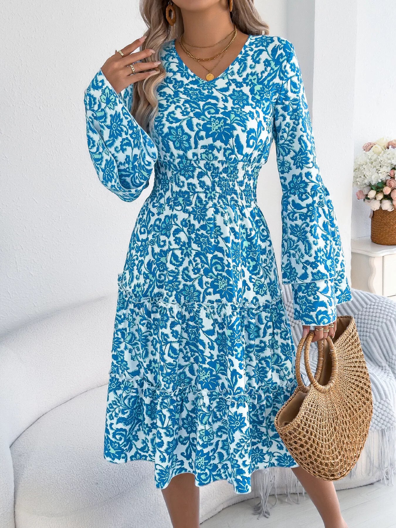 Floral Print Smocked Ruffle Hem Flared Sleeve Dress