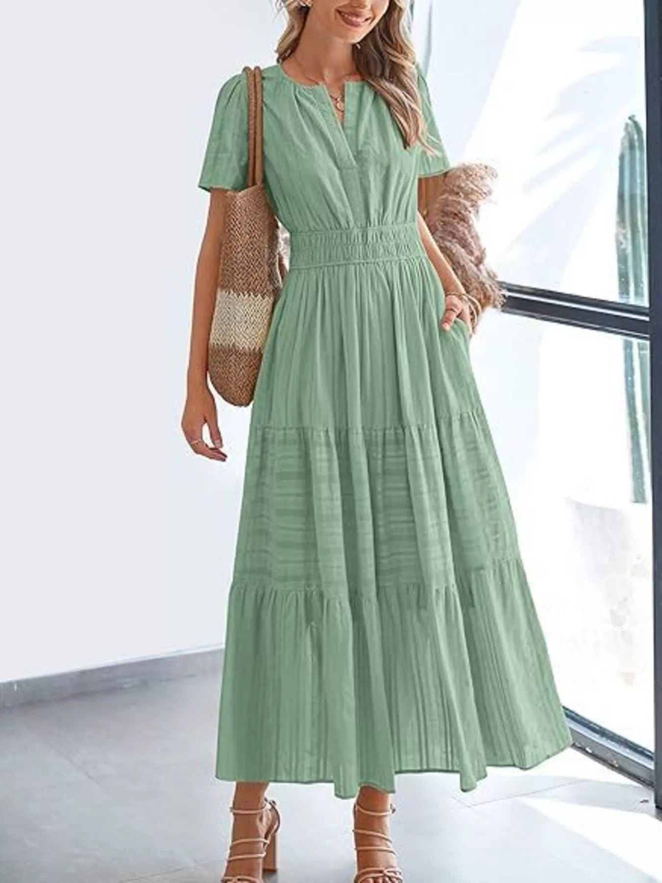 Full Size Short Sleeve Tiered Midi Dress Plus Size