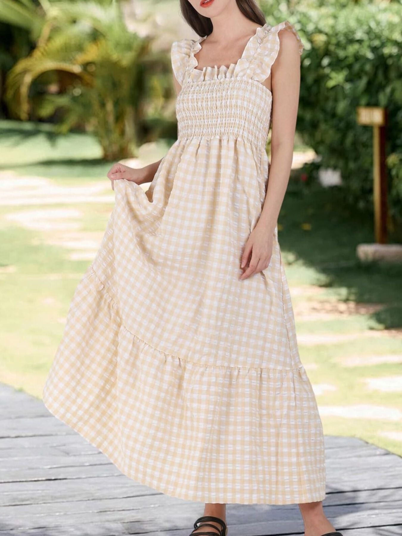 Ruffled Sleeveless Gingham Midi Dress
