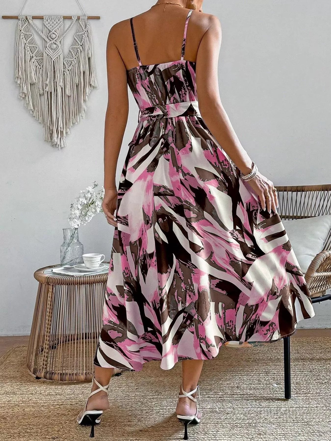 Abstract Print Tie Waist Cami Dress