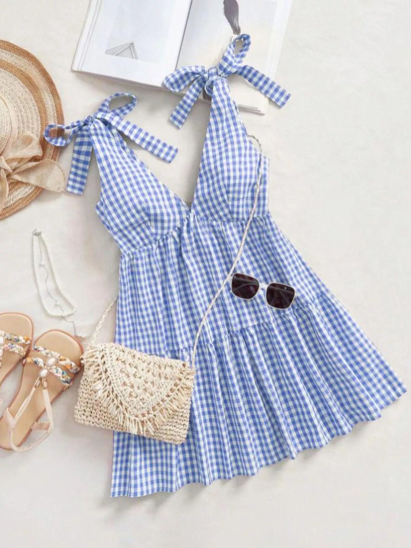 Gingham Tie-Shoulder Ruffle Hem Mini Dress
