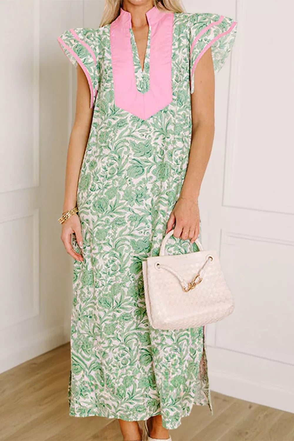 Contrast Trim Flutter Sleeve Floral Midi Dress