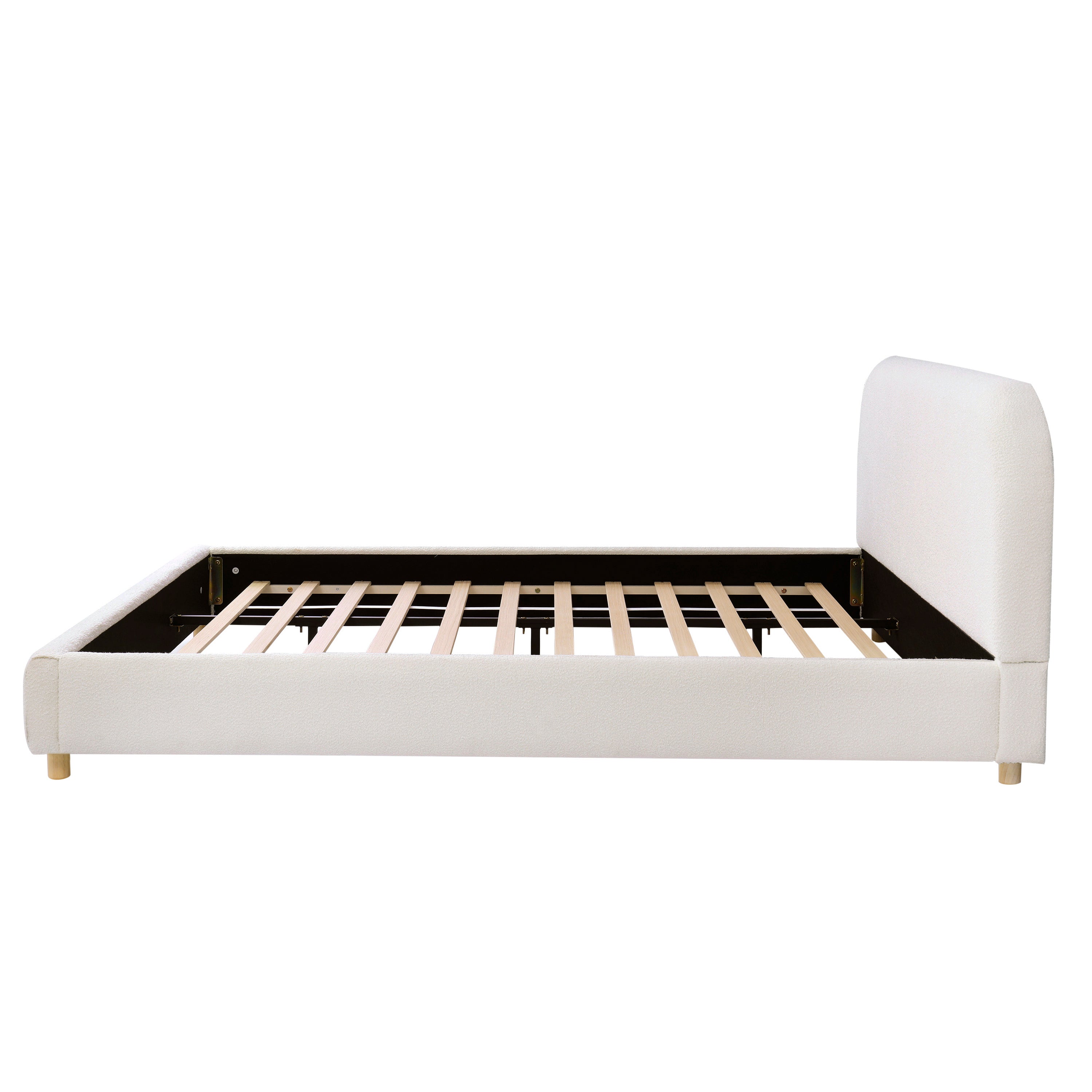California King Size Upholstered Bed with Boucle Fabric and Curved Headboard