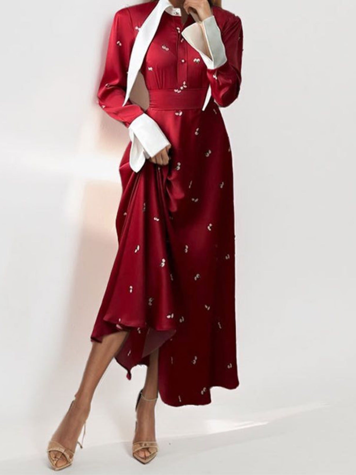 Full Size Contrast Collar Long Sleeve Midi Dress Plus Size