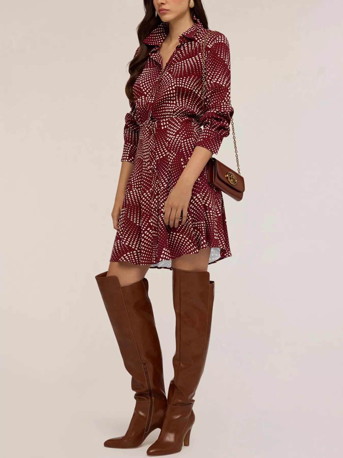 Printed Long Sleeve Mini Shirt Dress