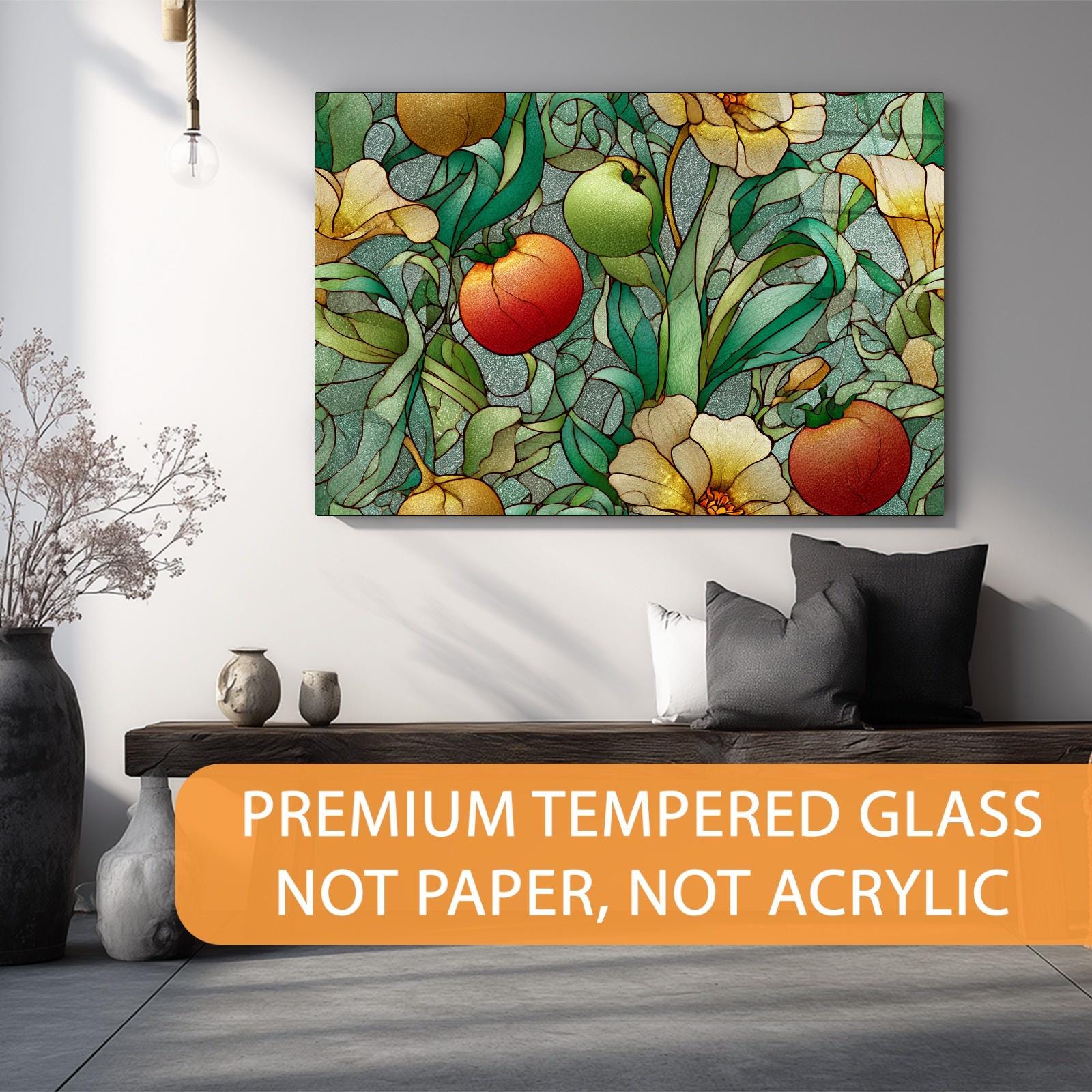 Stained Glass Look Fruits Tempered Glass Wall Art | Botanical Kitchen & Dining Room Glass Wall Décor