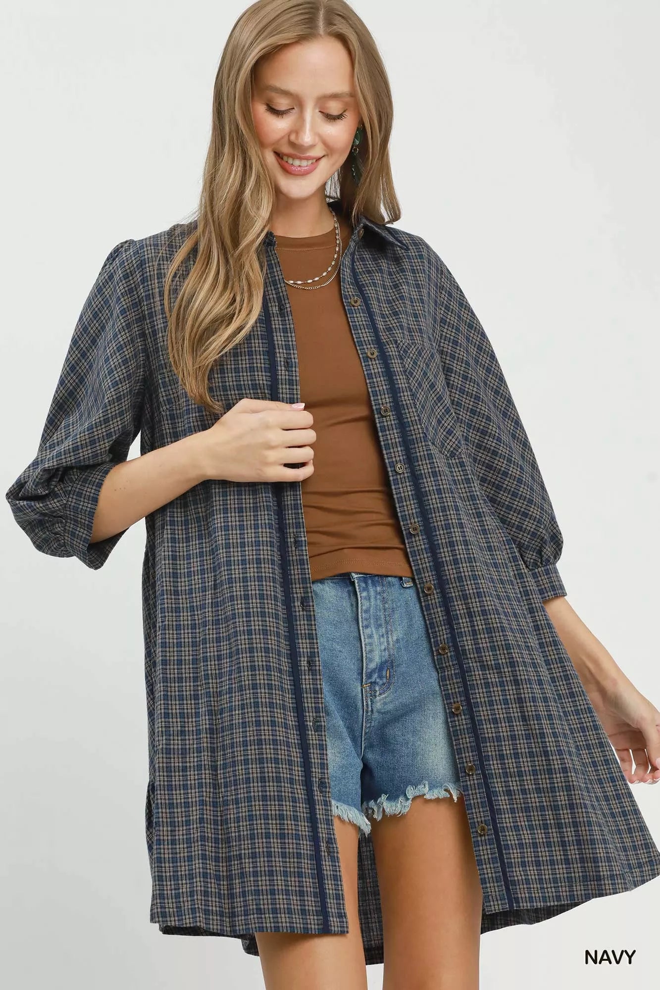 Umgee Plaid Button Down Oversized Shirt Dress