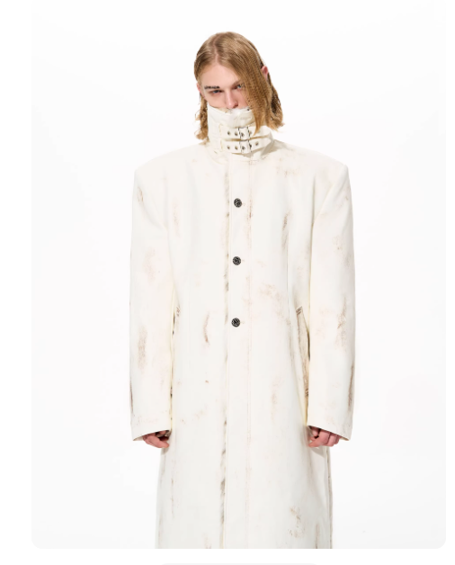 Hand-painted Distressed Long Leather Coat For Men