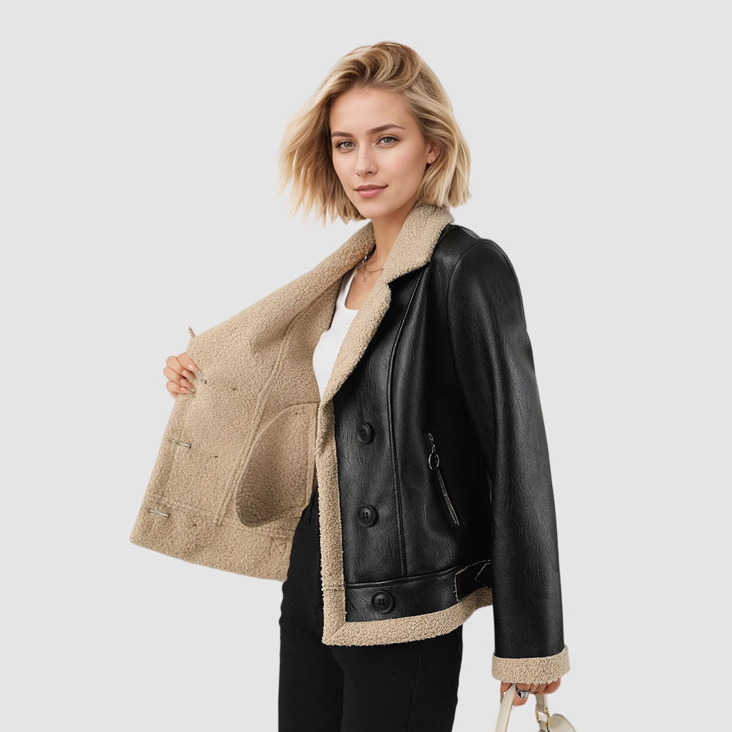 Fleece Padded Women's Leather Coat