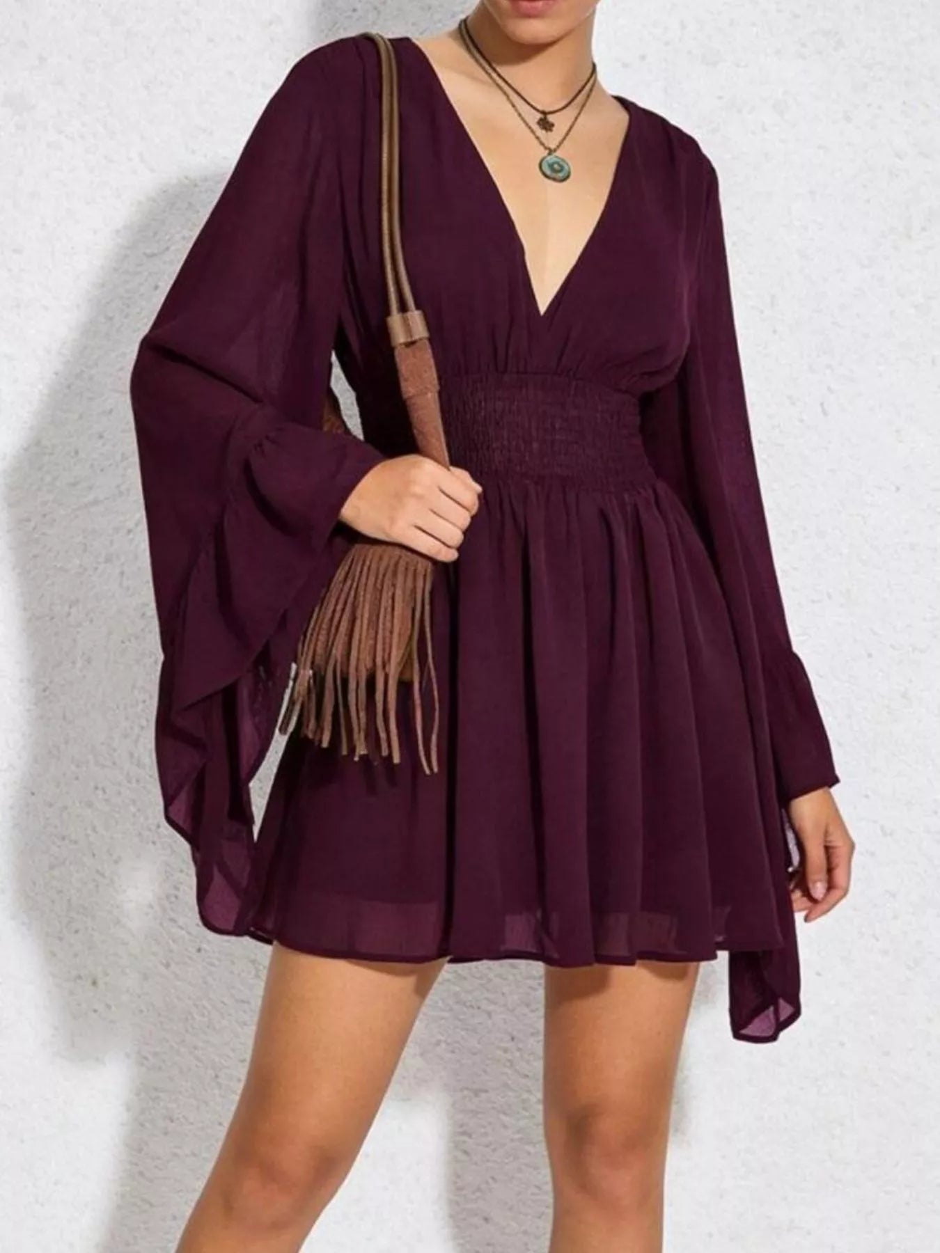 V-Neck Flowy Long Sleeve Mini Dress