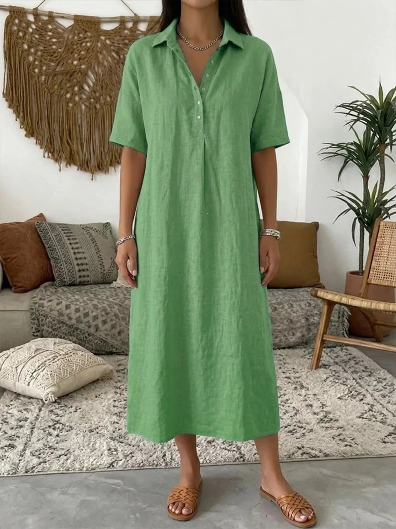 Full Size Button Detail Half Sleeve Dress Plus Size