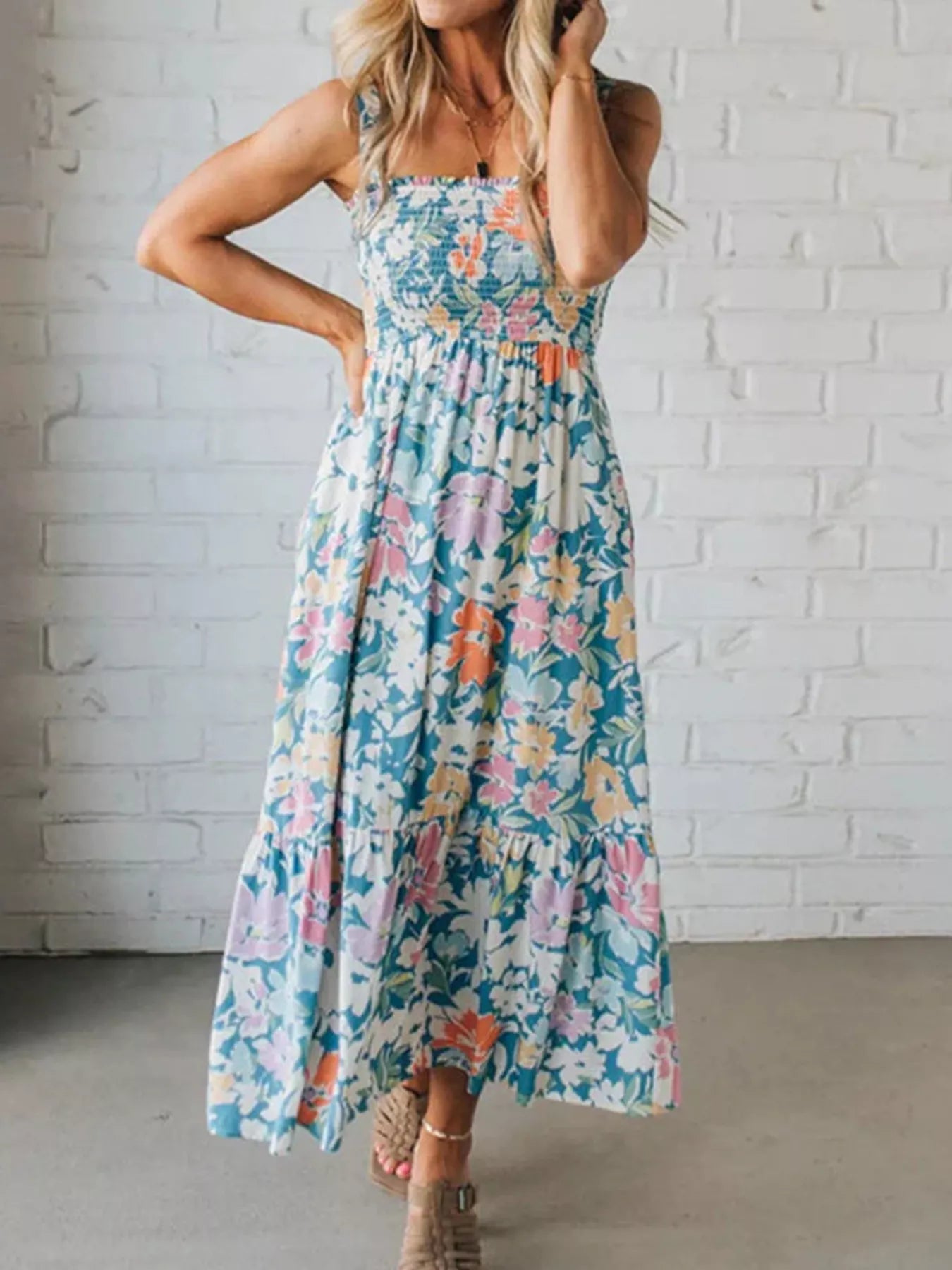 Floral Smocked Square Neck Midi Dress
