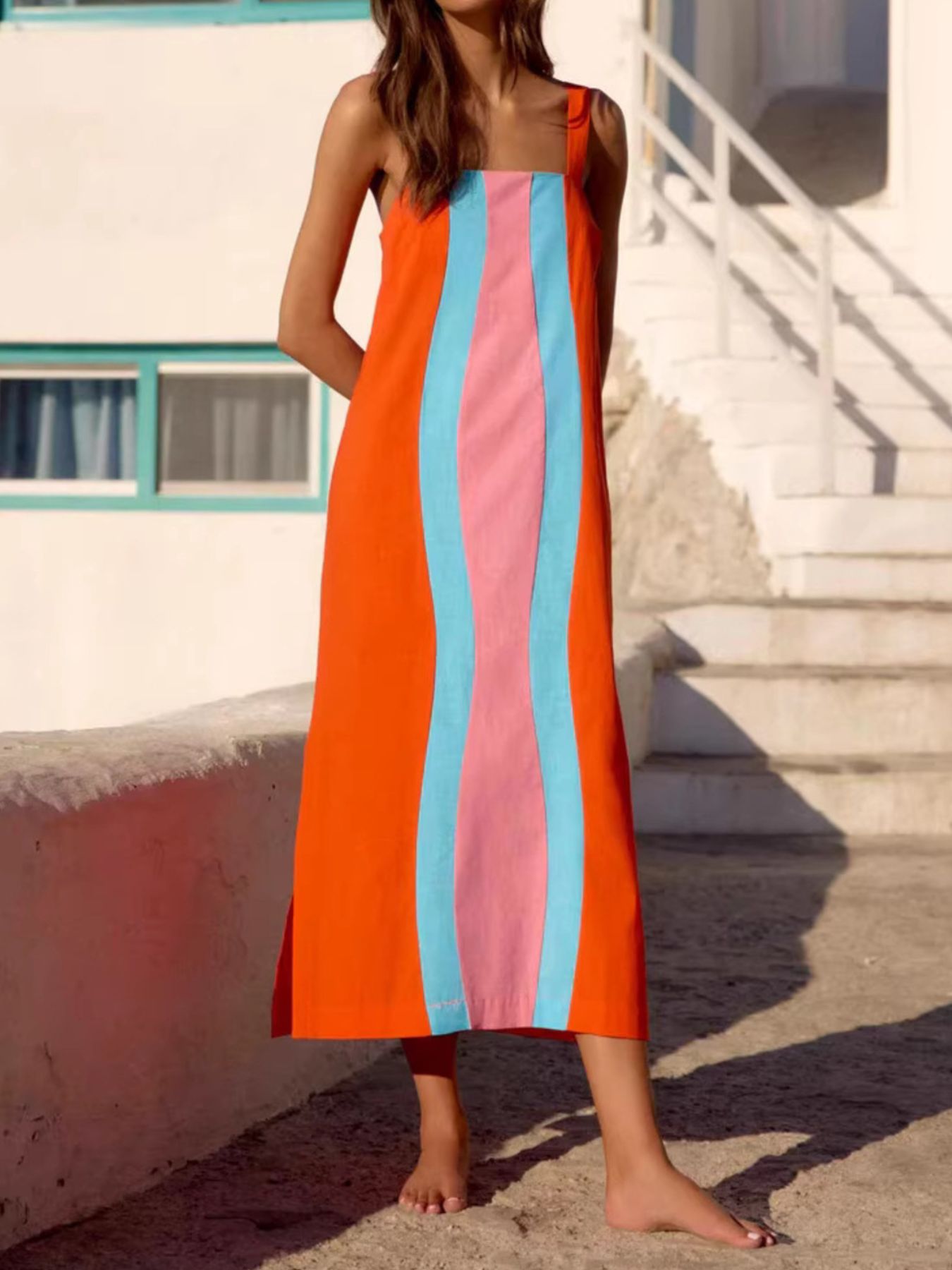 Striped Wide Strap Midi Dress