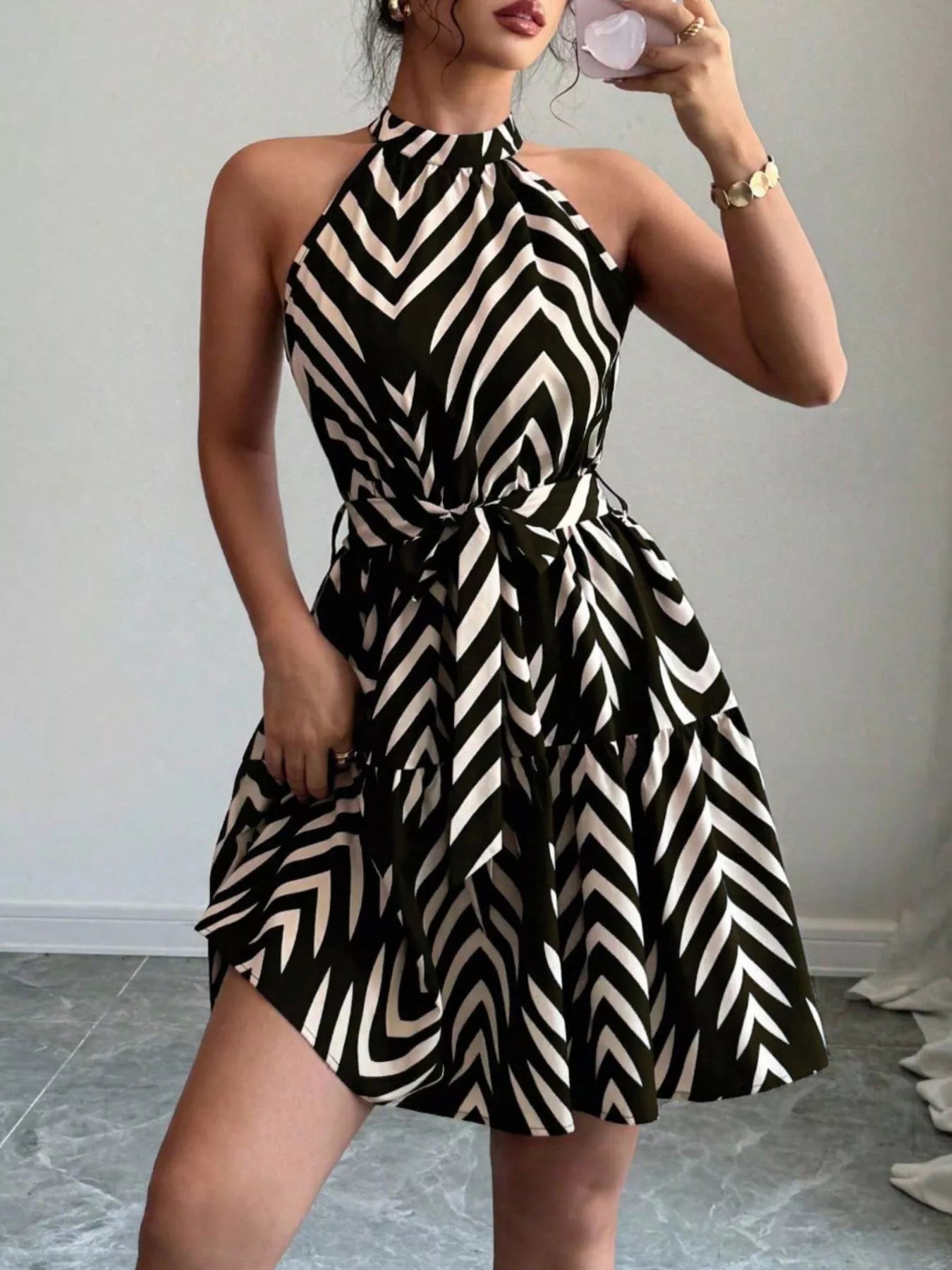 Zebra Print Halter Neck Tie Waist Ruffle Hem Dress