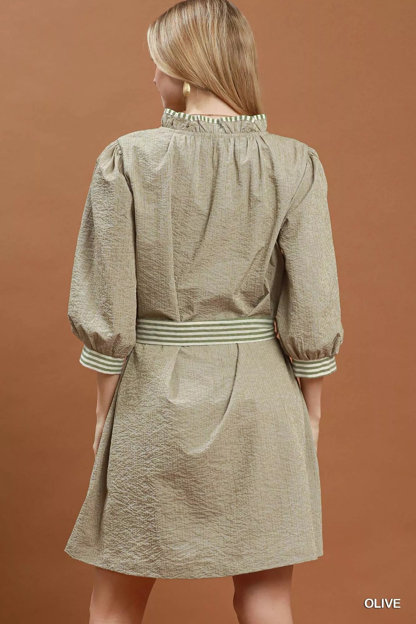 Umgee Textured Contrast Trim Tie Waist Mini Dress