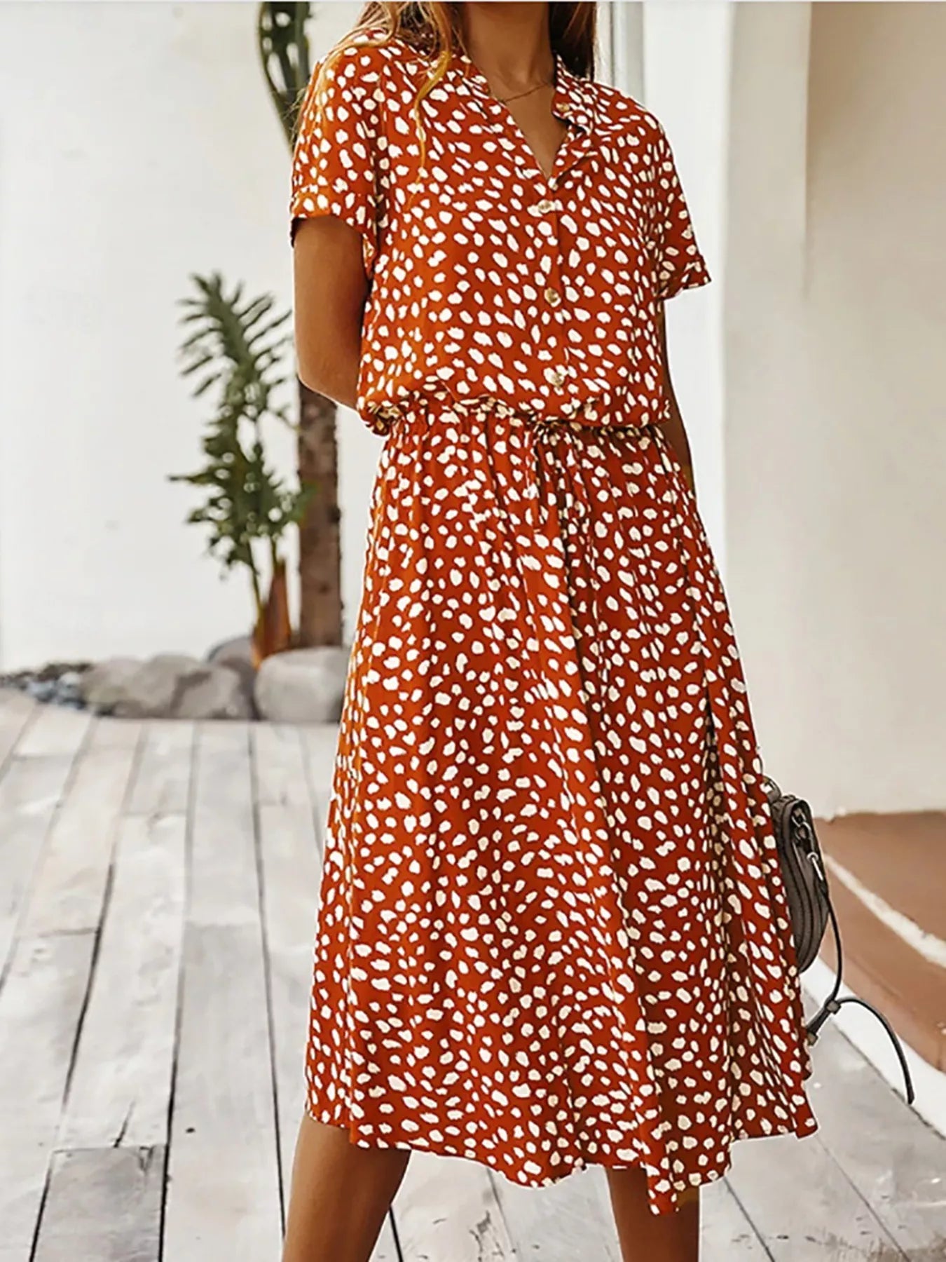 Polka Dot Button Front Midi Dress