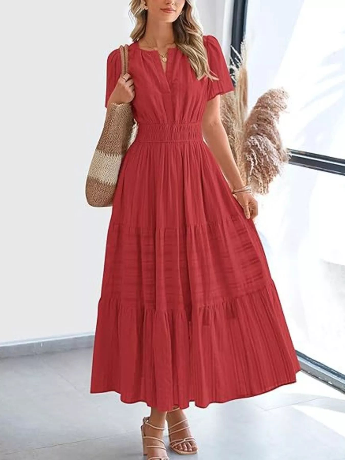 Full Size Short Sleeve Tiered Midi Dress Plus Size