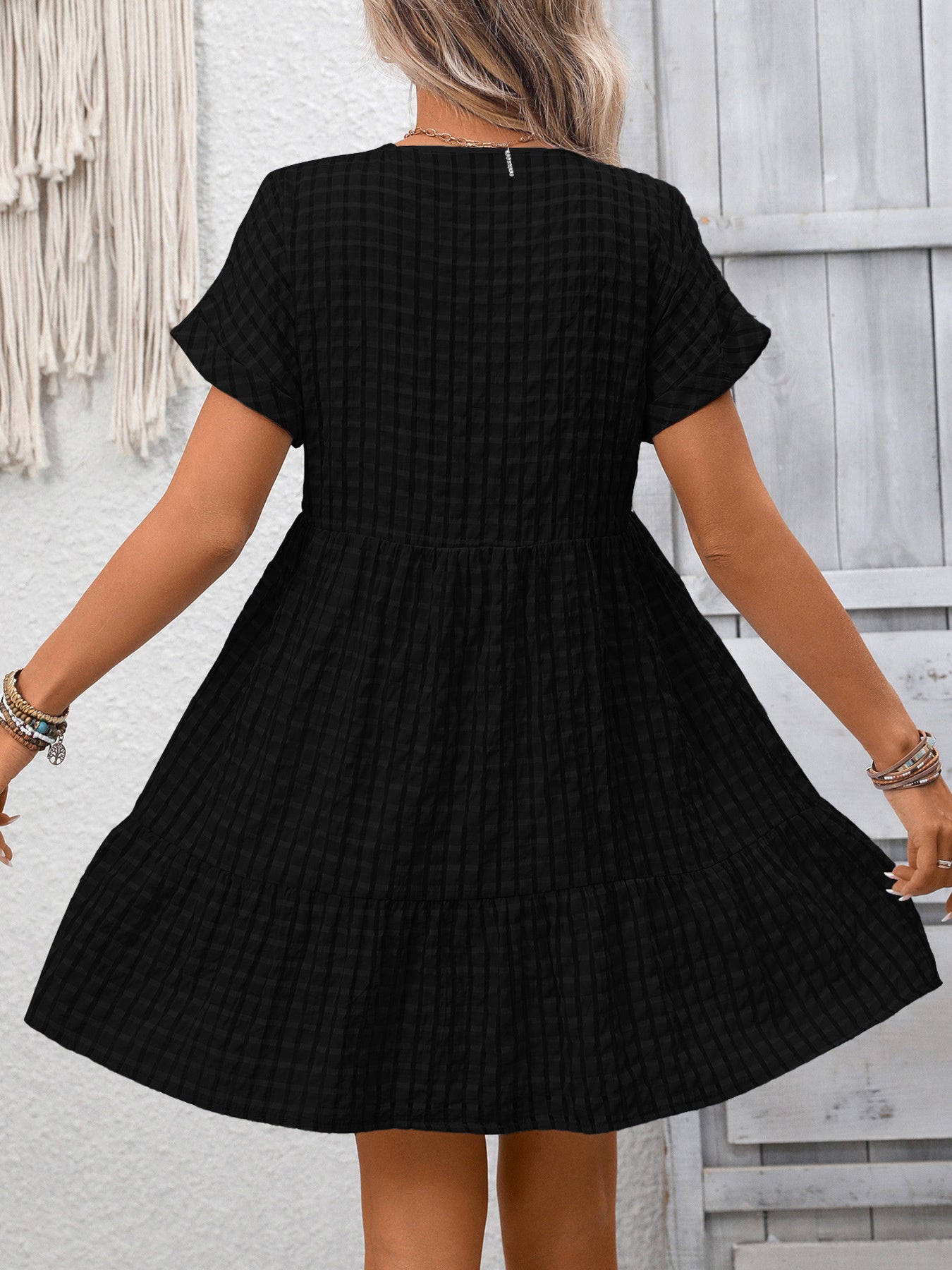 Plaid V-Neck Ruffle Hem Mini Dress