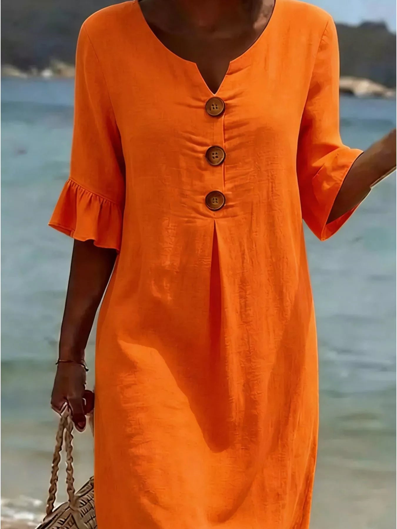 Full Size Button Decor Flounce Sleeve Dress Plus Size