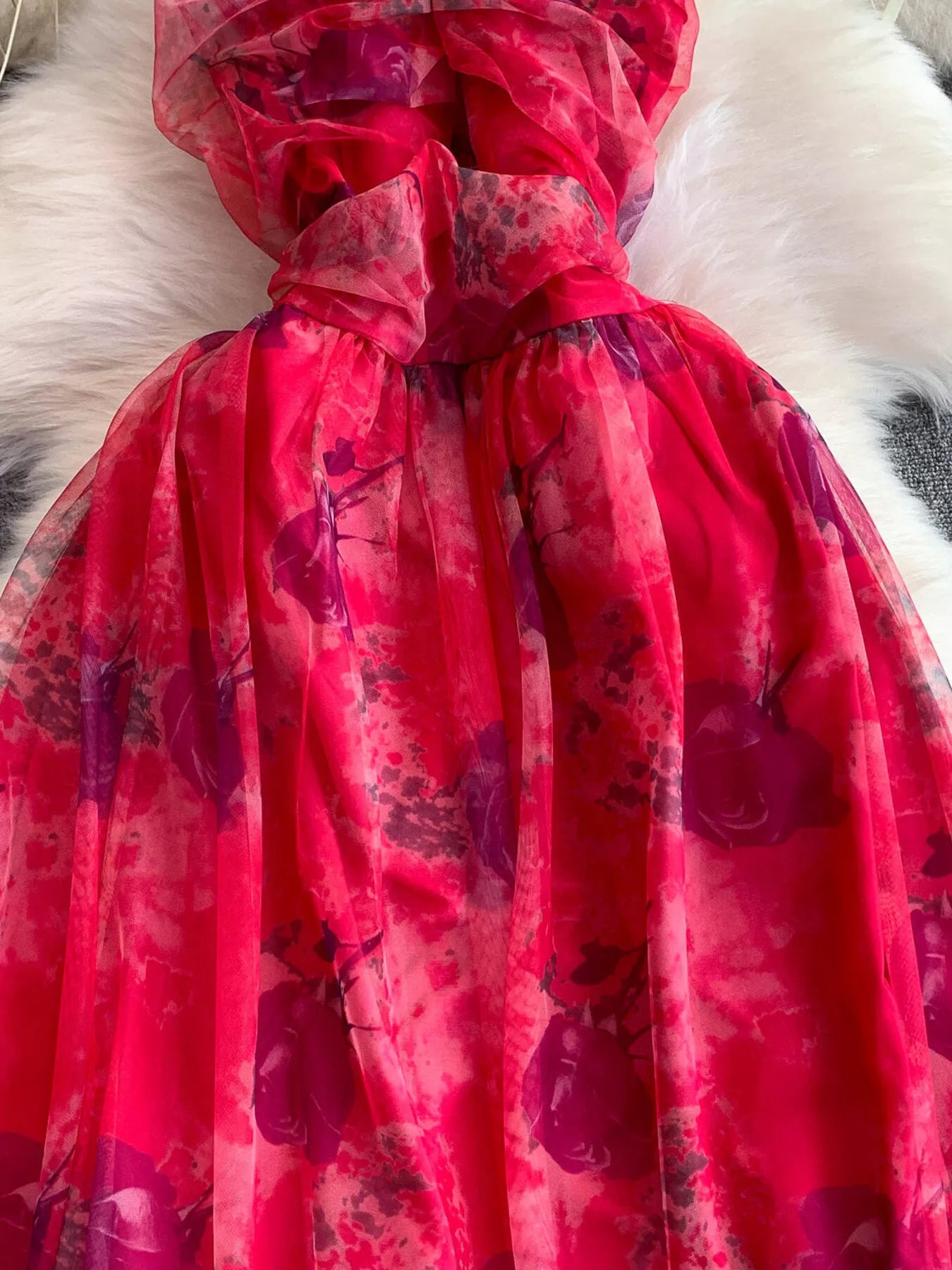 Floral Print Ruffled Layered Mesh Dress