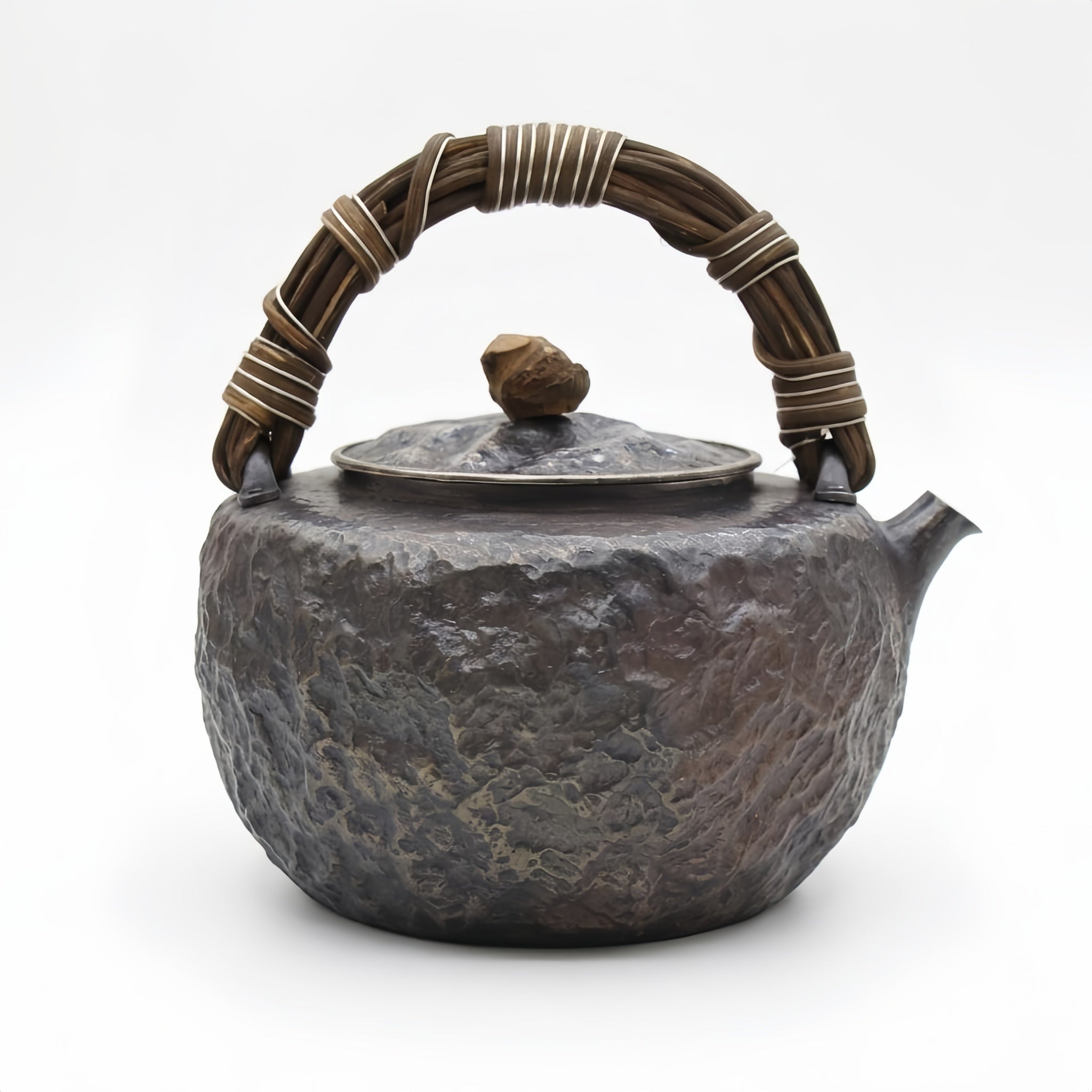 Pure 999 Fine Silver Hammered Metal Teapot with Woven Bamboo Handle and Stone Knob-Fine large teapot - Handicraft