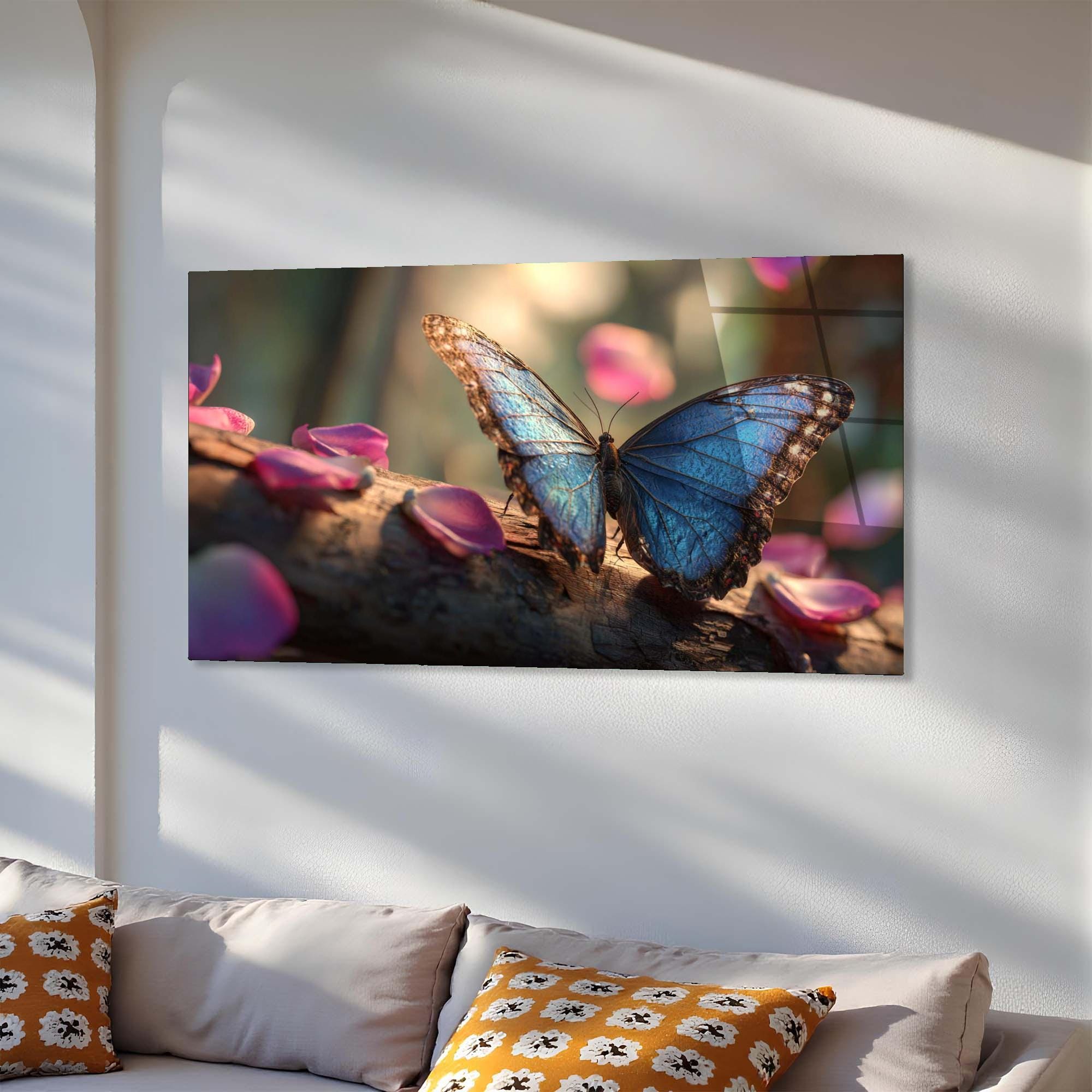 Blue Butterfly Tempered Glass Wall Art | Modern Nature Home Decor