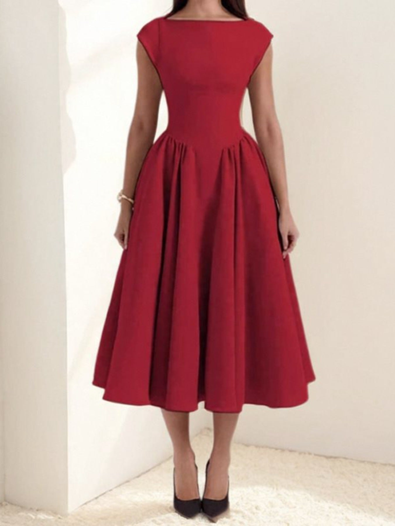 Full Size Cap Sleeve A-Line Midi Dress Plus Size