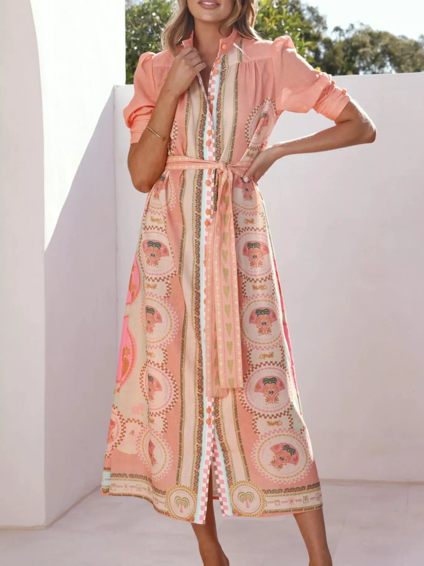 Printed Puff Sleeve Tie Waist Midi Dress