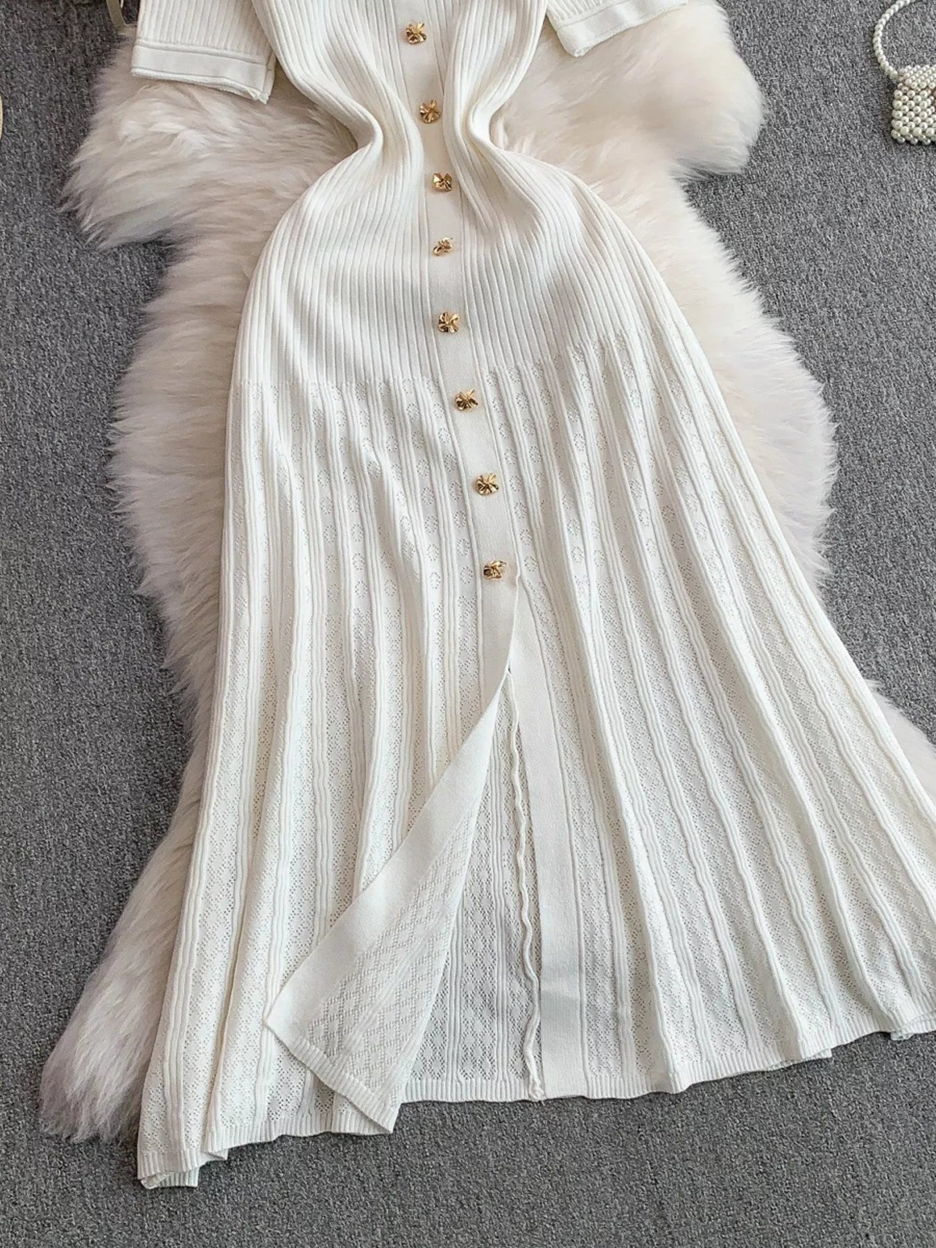 Button Front Ribbed Knit Midi Dress