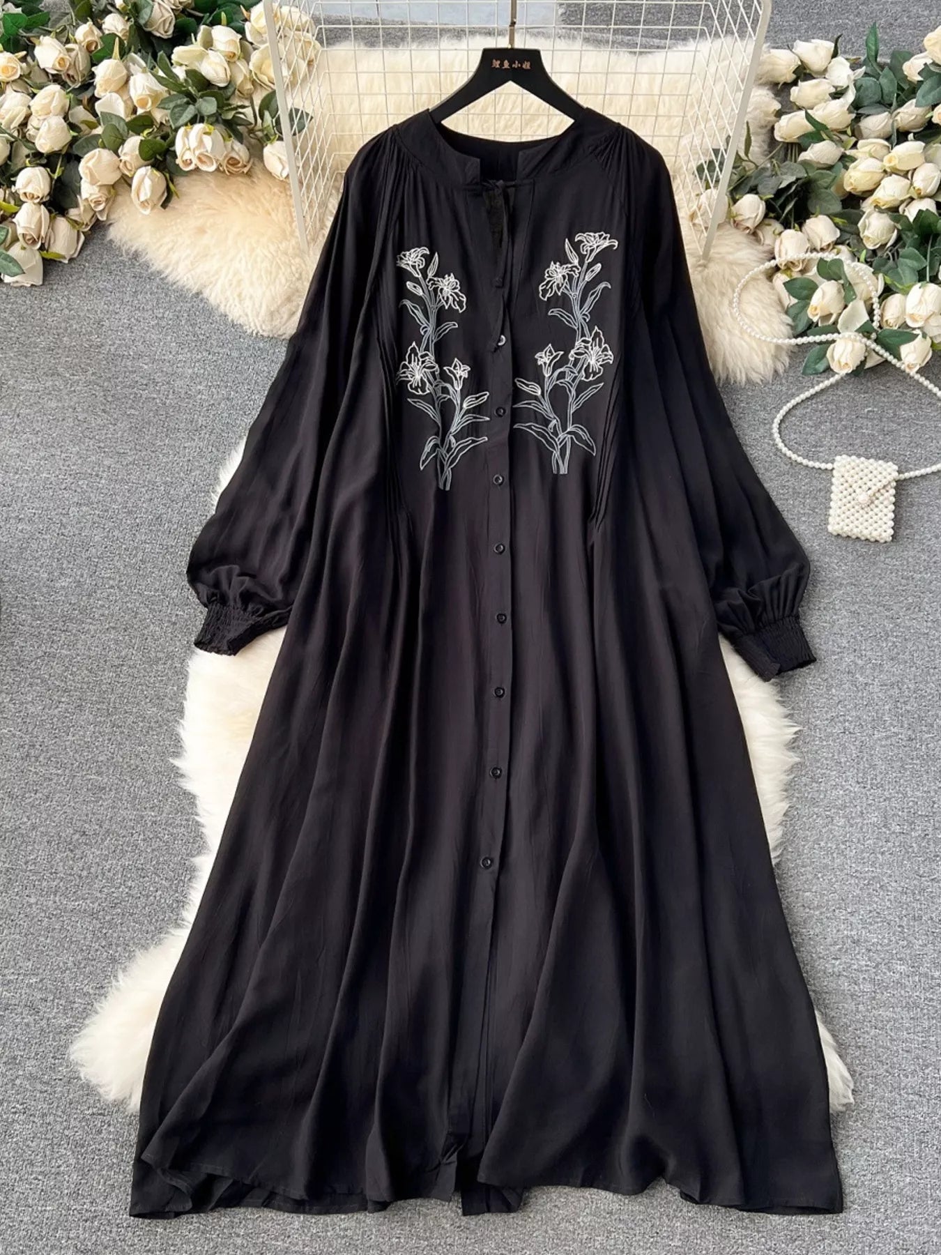 Floral Button Front Long Sleeve Dress