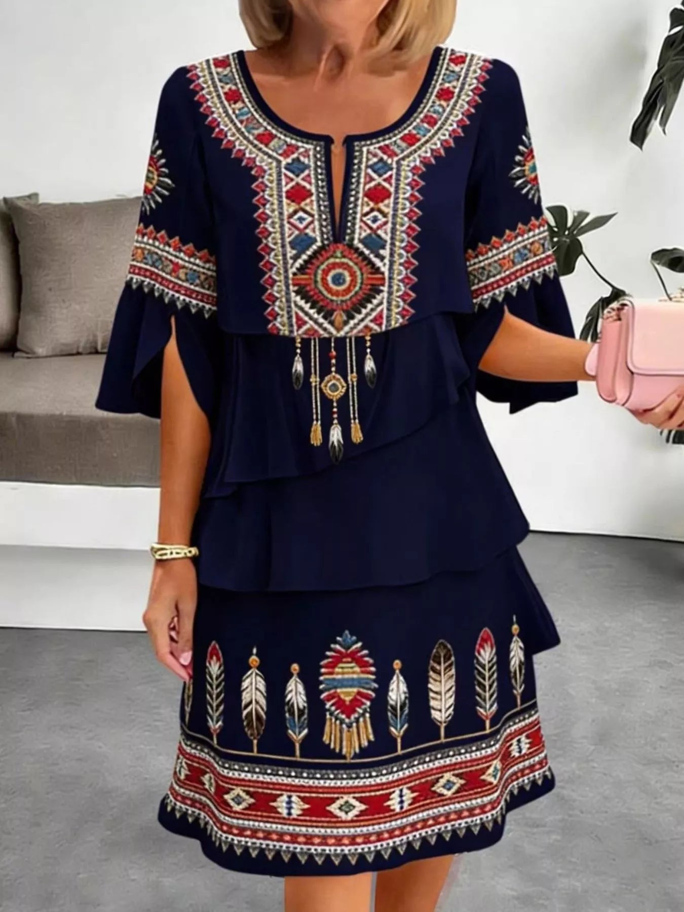 Full Size Printed Notched Ruffled Half Sleeve Dress Plus Size