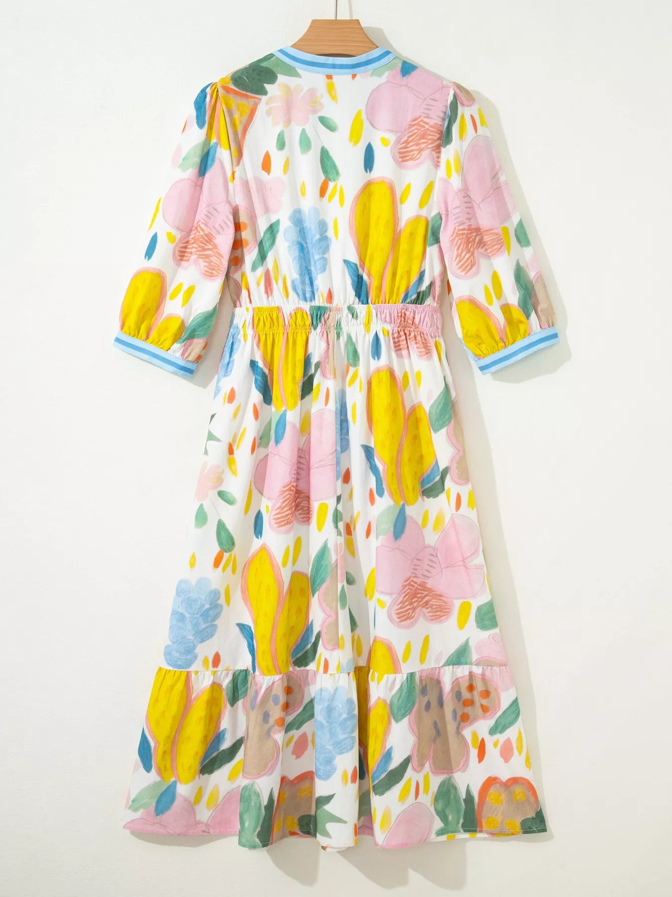 Multicolour Floral Doodle Print Striped Trim V Neck Midi Dress