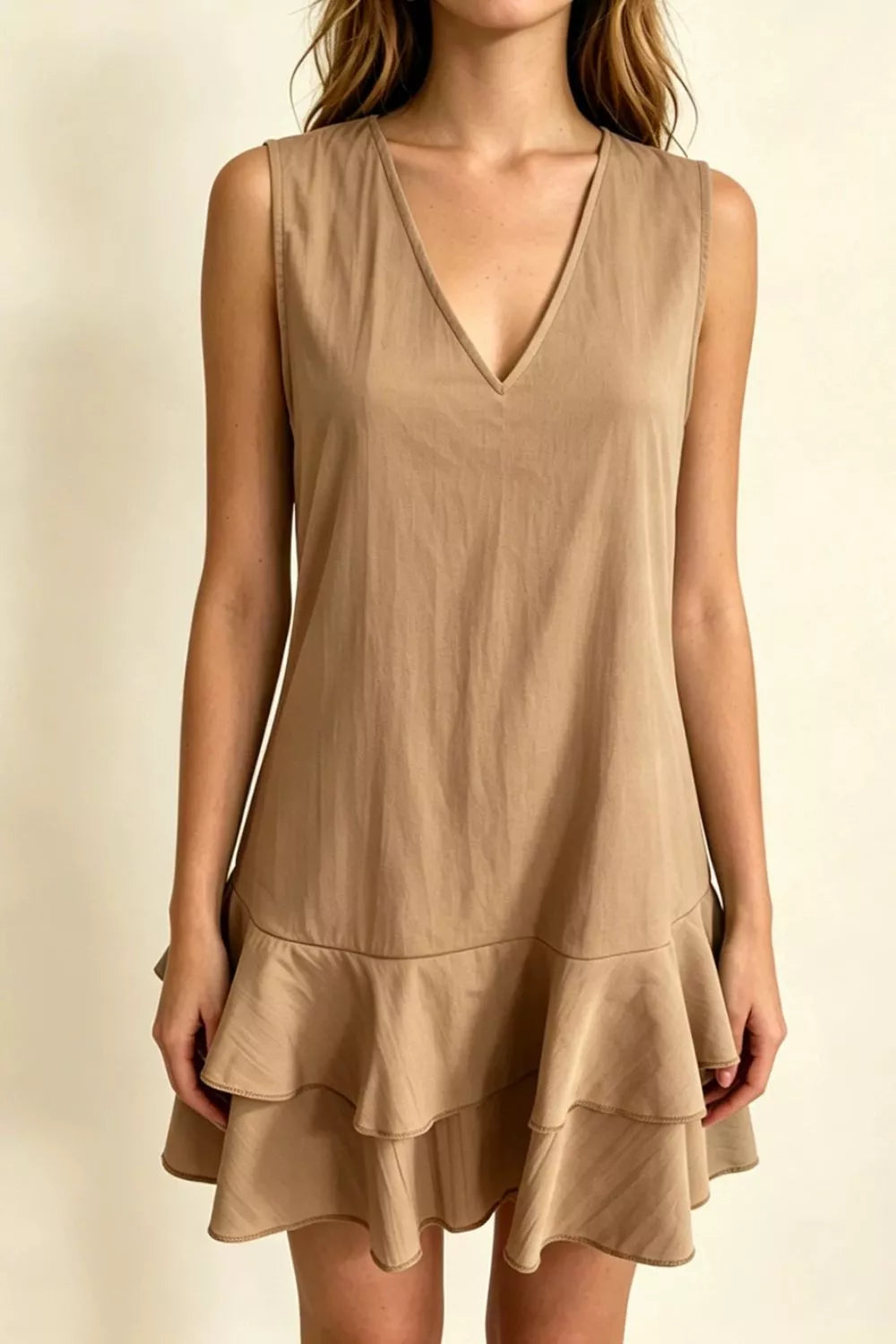 Full Size Sleeveless V-Neck Ruffle Hem Mini Dress Plus Size