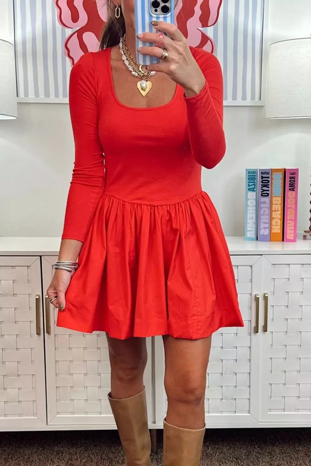 U Neck Long Sleeve Fit and Flare Mini Dress