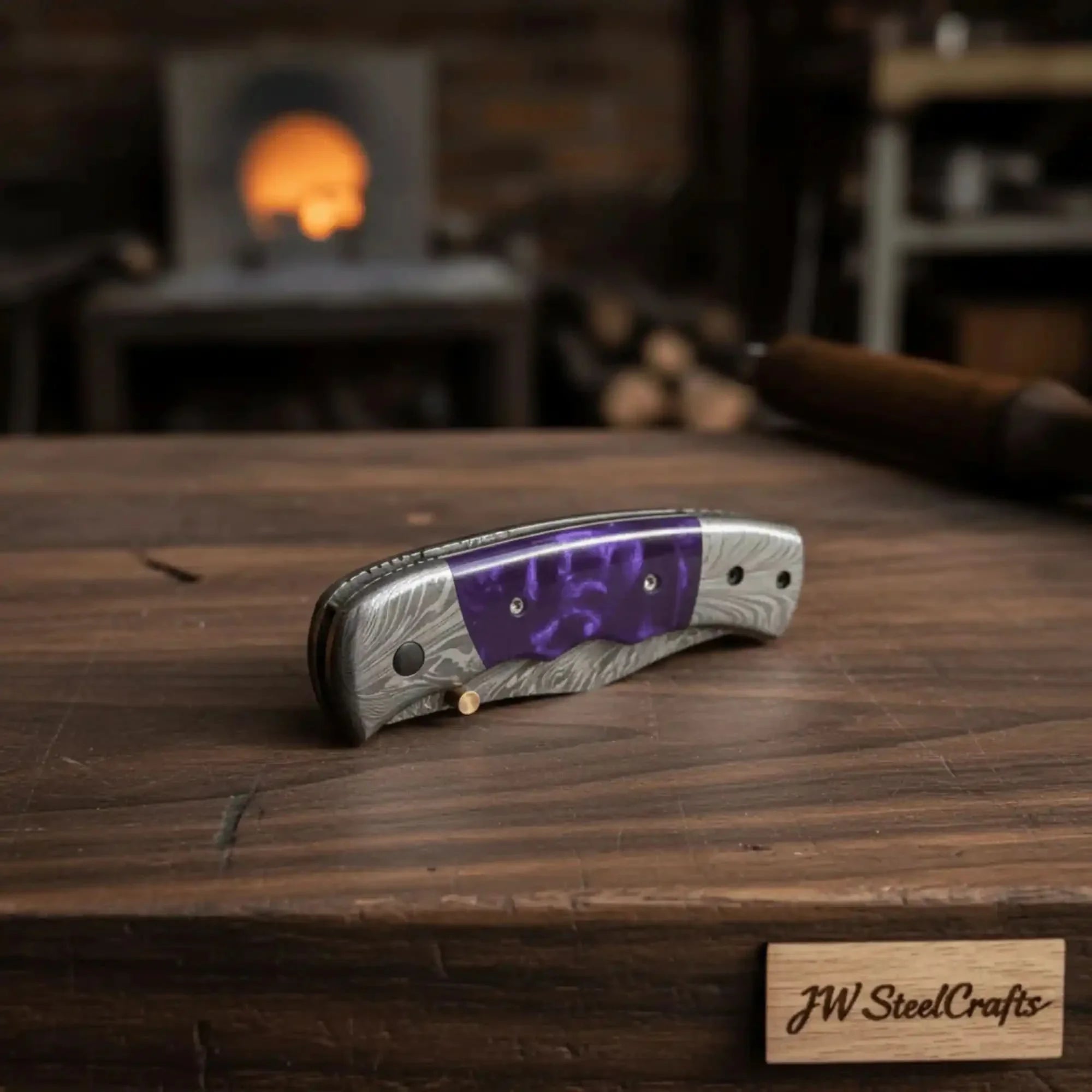 Feather Pattern Damascus Folding Knife with Purple Resin Handle - Overture Gifts