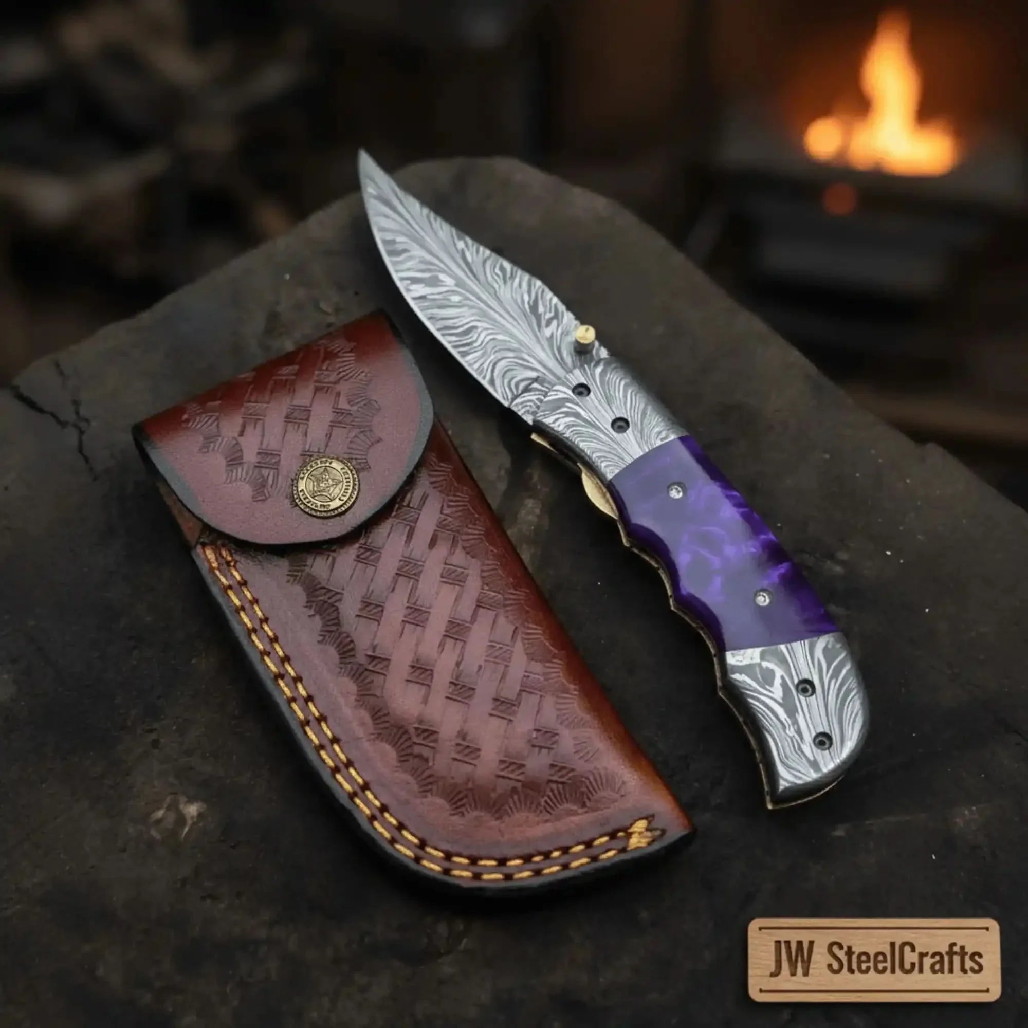 Feather Pattern Damascus Folding Knife with Purple Resin Handle - Overture Gifts