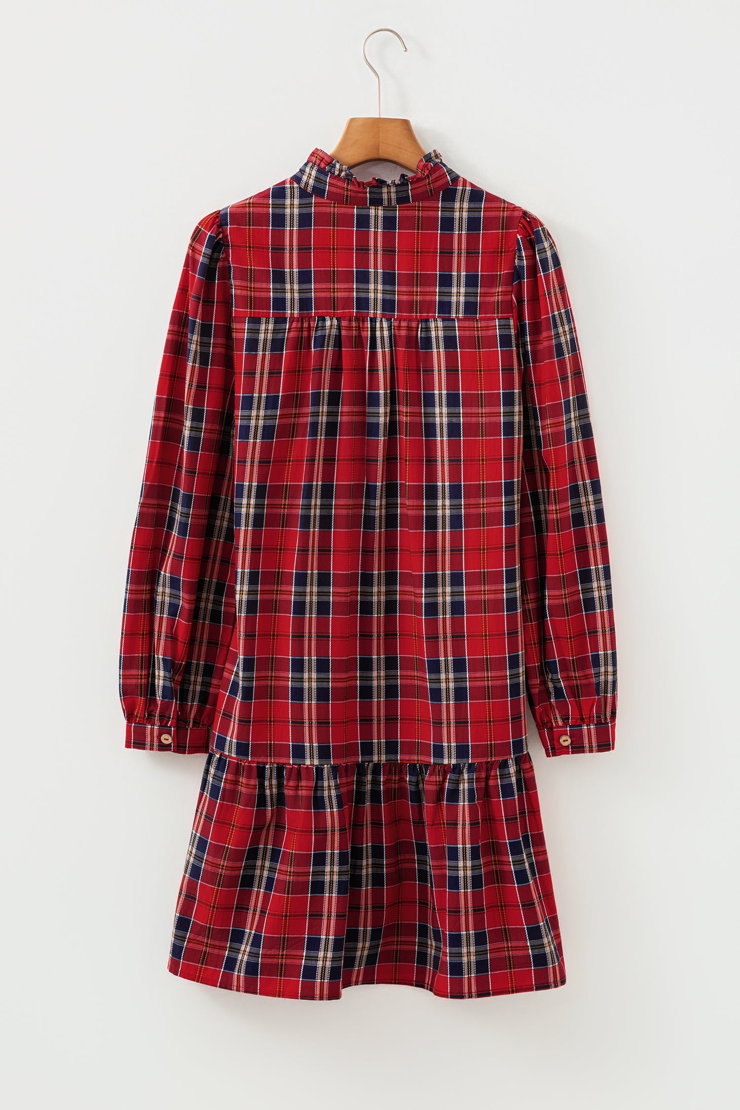 Plaid Print Frilly Collar Long Sleeve Shift Mini Dress