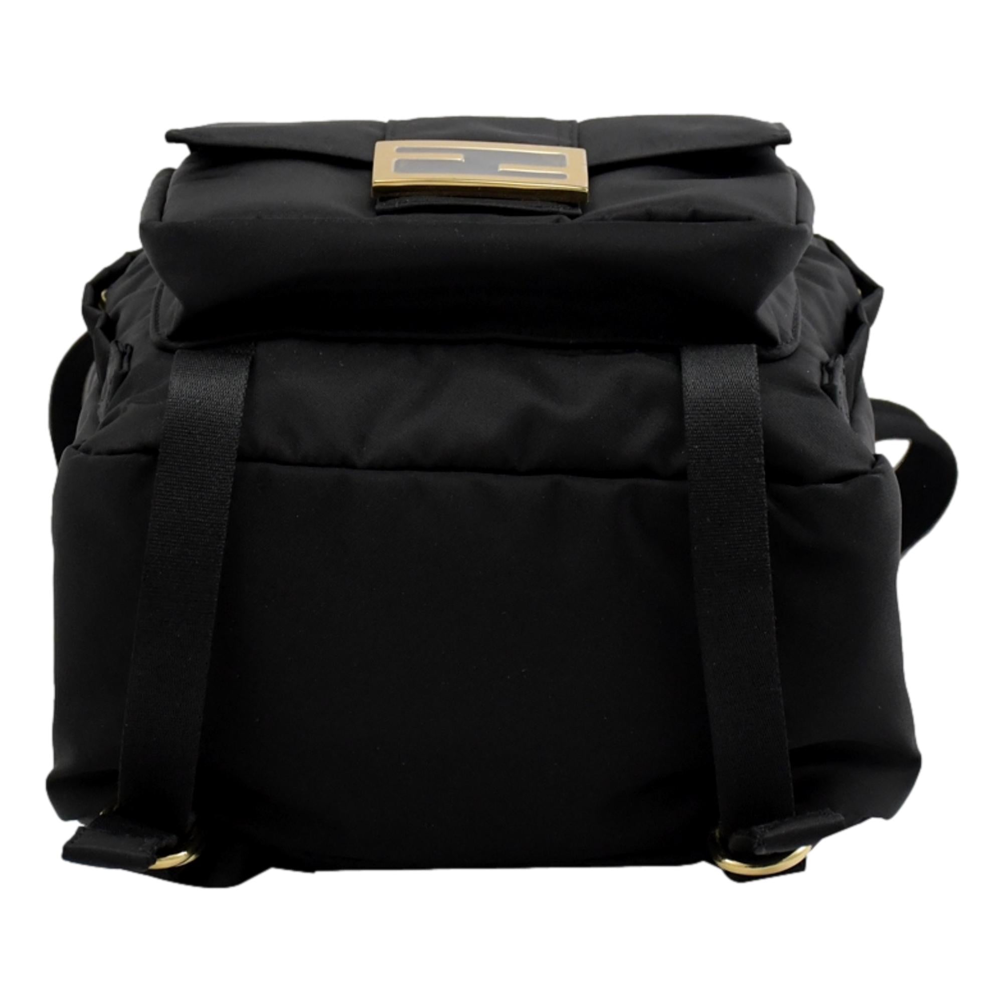 Fendi Baguette Black Nylon Small Backpack Travel Bag Gold Logo
