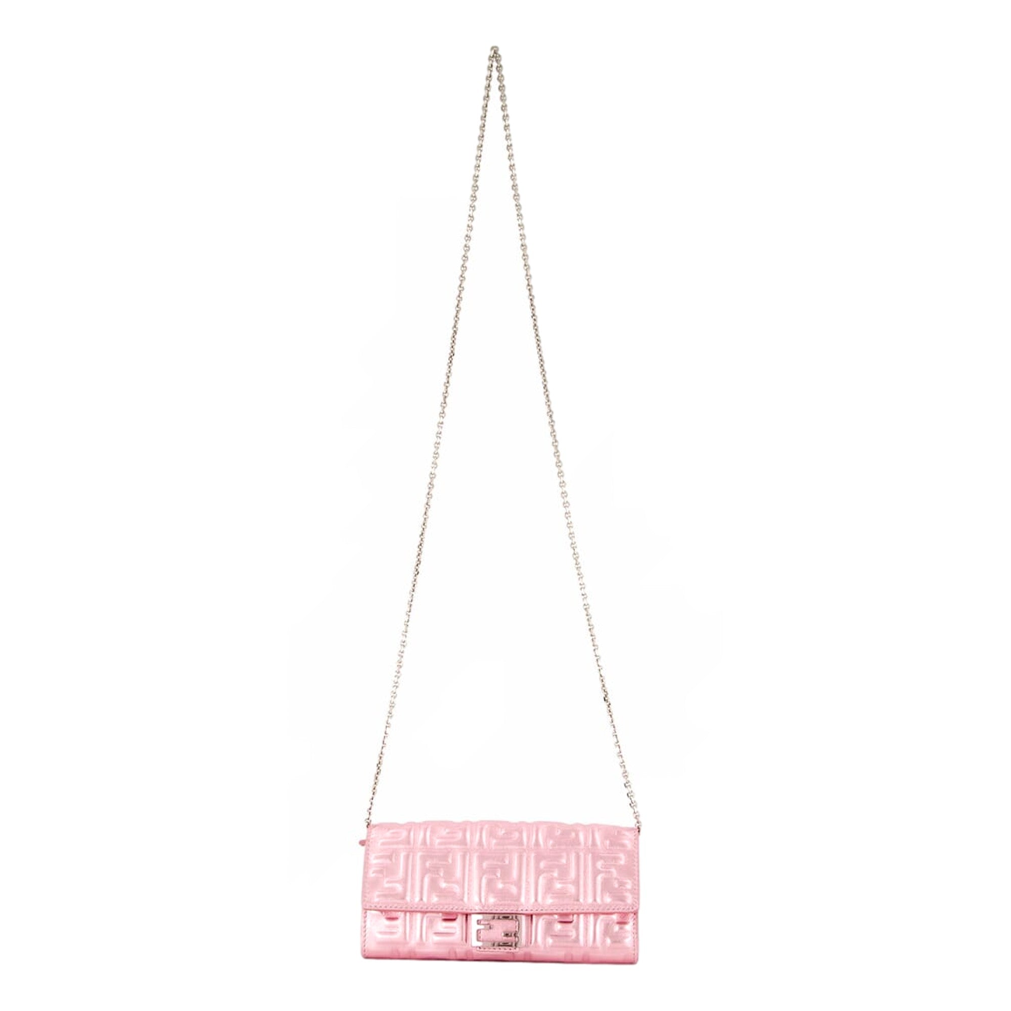 Fendi Baguette Wallet on Chain Metallic Pink FF Embossed Crossbody Bag