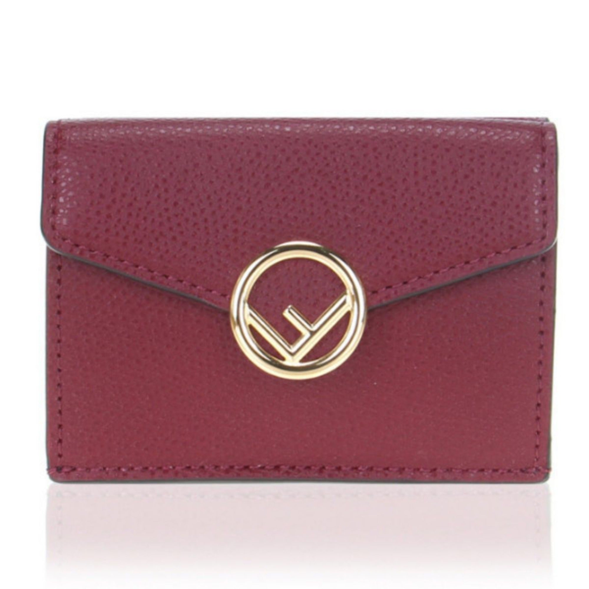 Fendi F Logo Barolo Red Leather Micro Trifold Wallet