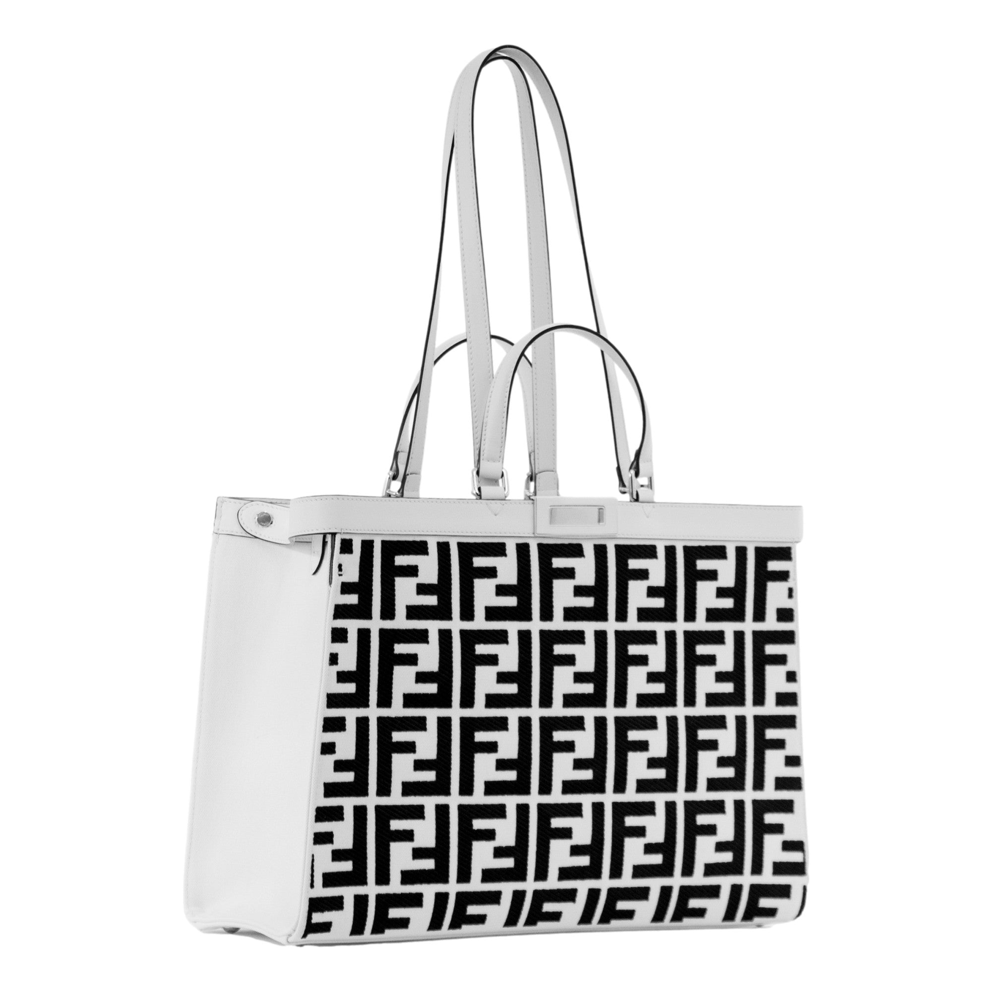 Fendi FF Canvas X-Tote Bag Black White Leather Trim Turn Lock